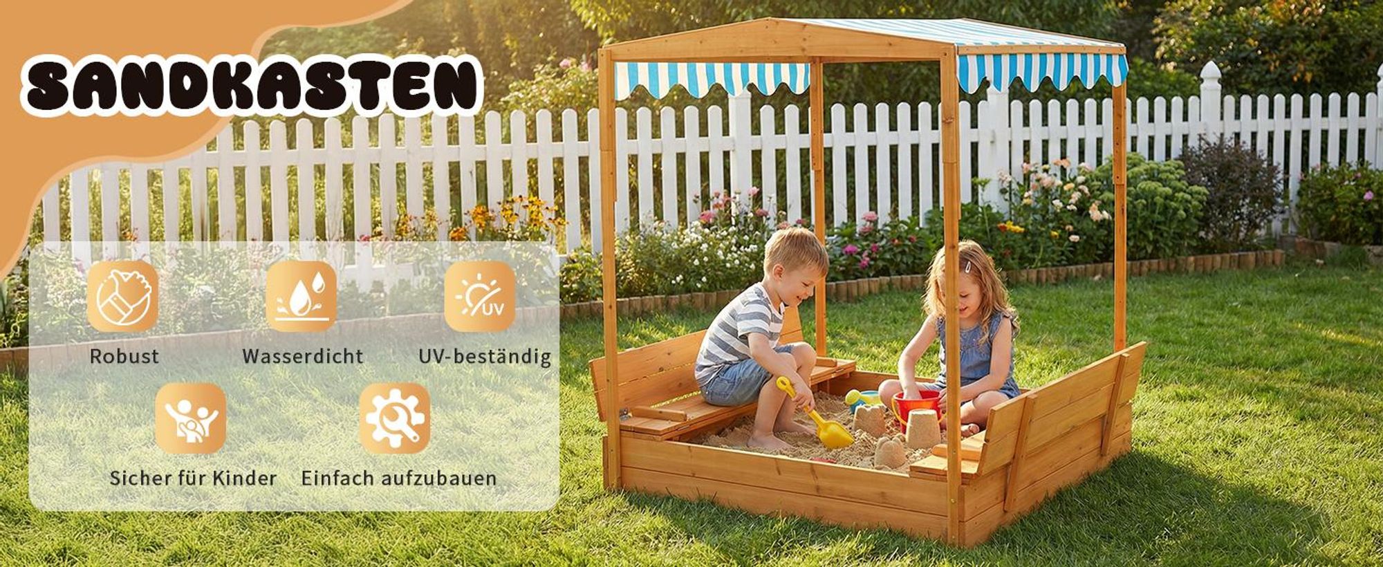 FCH Sandkasten mit Dach & Sitzbänken ,Kindersandkasten, Sandkasten Garten, Sandkasten mit Sitzbank,Holzspielsandkasten für Kinder 118x118x145cm