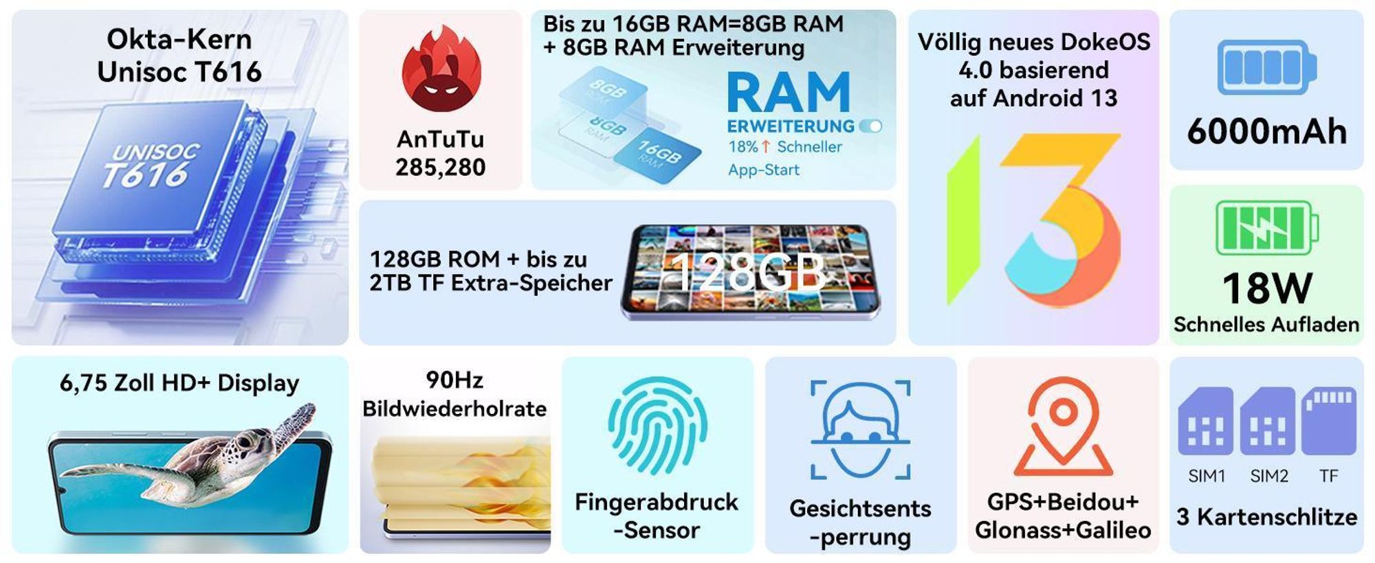 Blackview Color 8 (16GB + 256GB) Handy Ohne Vertrag, 6,75 Zoll Display, Face ID ，Octa-core Unisoc T616 ，50MP + 8MP Kamera, 6000mAh Akku