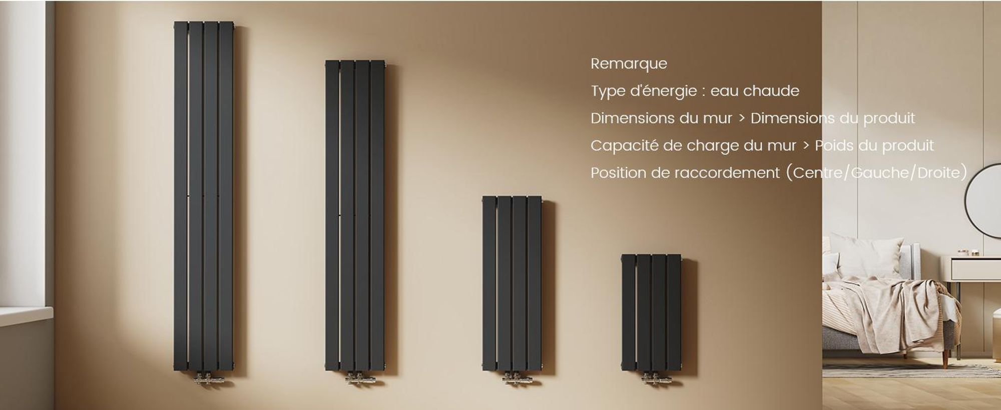 EMKE Radiateur plat Radiateur design Panneau de chauffage Vertical Monocouche Raccord central 160x30cm 501W Noir sans thermoplongeur