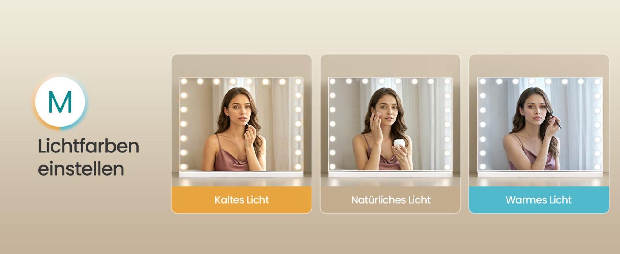 SONGMICS Kosmetikspiegel mit Beleuchtung, 15 LEDs, Dimmbar, 3 Lichtfarben, 62 x 90 x 5,7 cm, Weiß