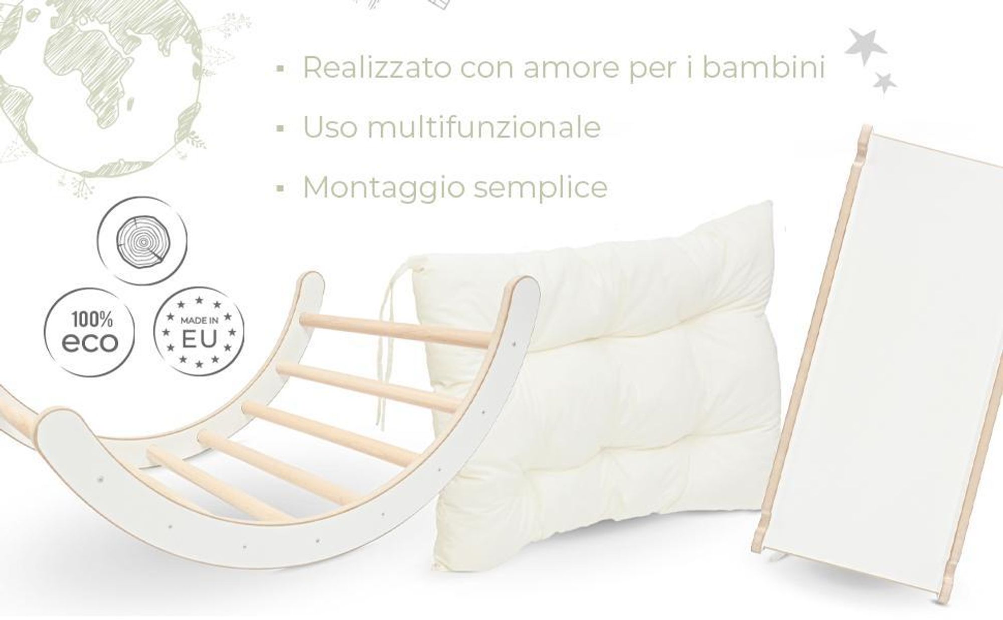 MAMOI® struttura per arrampicata triangolo interno 4 in 1 SET. Arco di arrampicata Montessori con tappetini, parco giochi indoor 1-3 anni e scivolo per bambini.