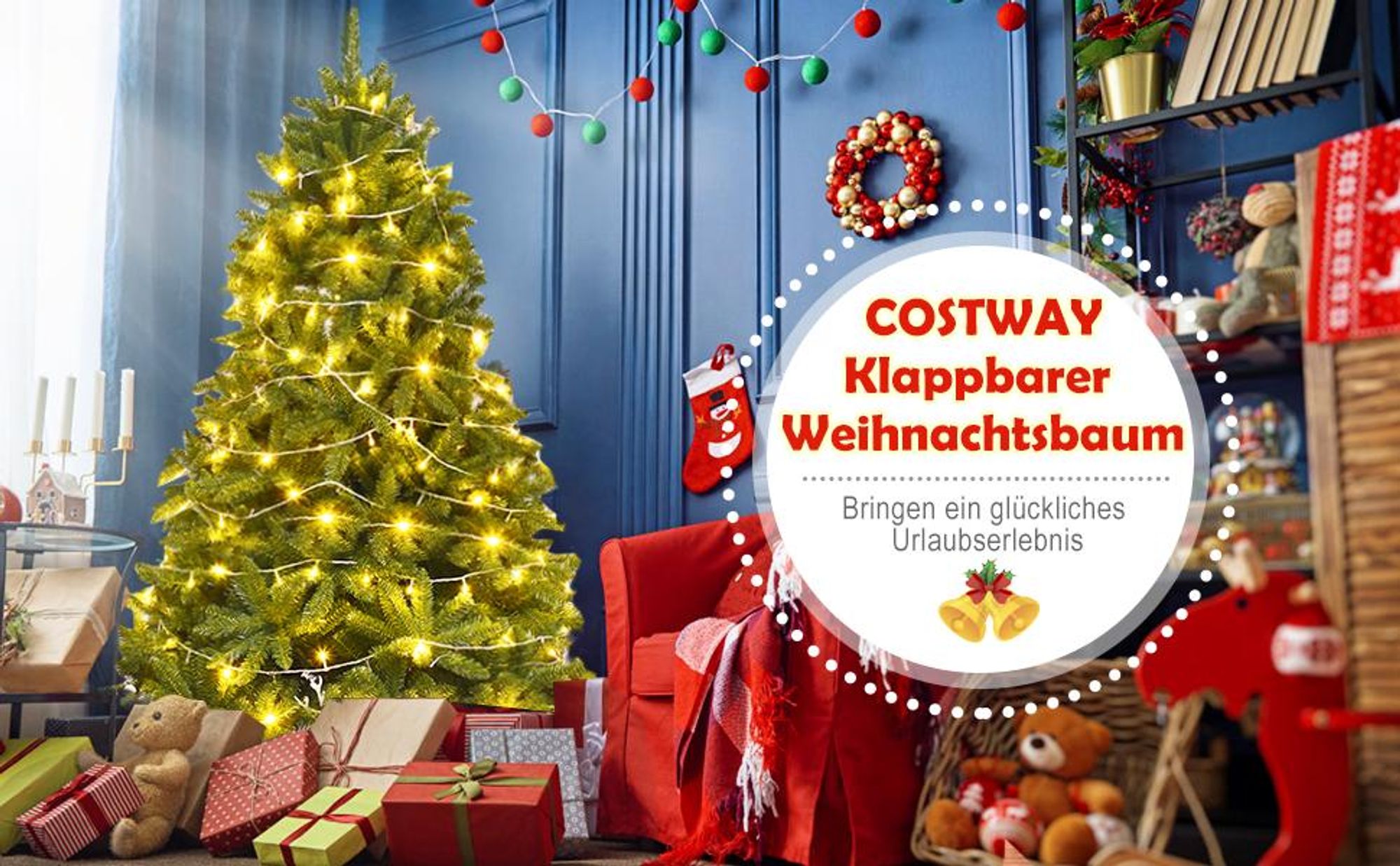 COSTWAY 225cm Künstlicher Weihnachtsbaum, Tannenbaum mit Metallständer, Christbaum PVC Nadeln, Kunstbaum Weihnachten Klappsystem ideal für Zuhause, Büro und Geschäfte