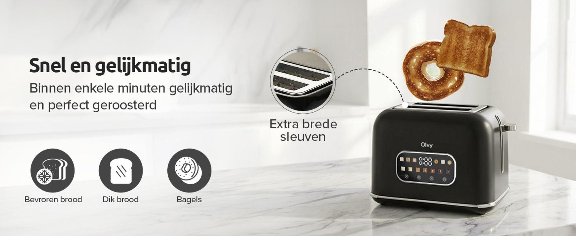 Olvy Broodrooster, met touchscreen en timer, 7 bruiningsstanden, extra brede gleuven, 6 programma's inclusief bagel- en wafelstand, ontdooifunctie en opwarmfunctie, zwart
