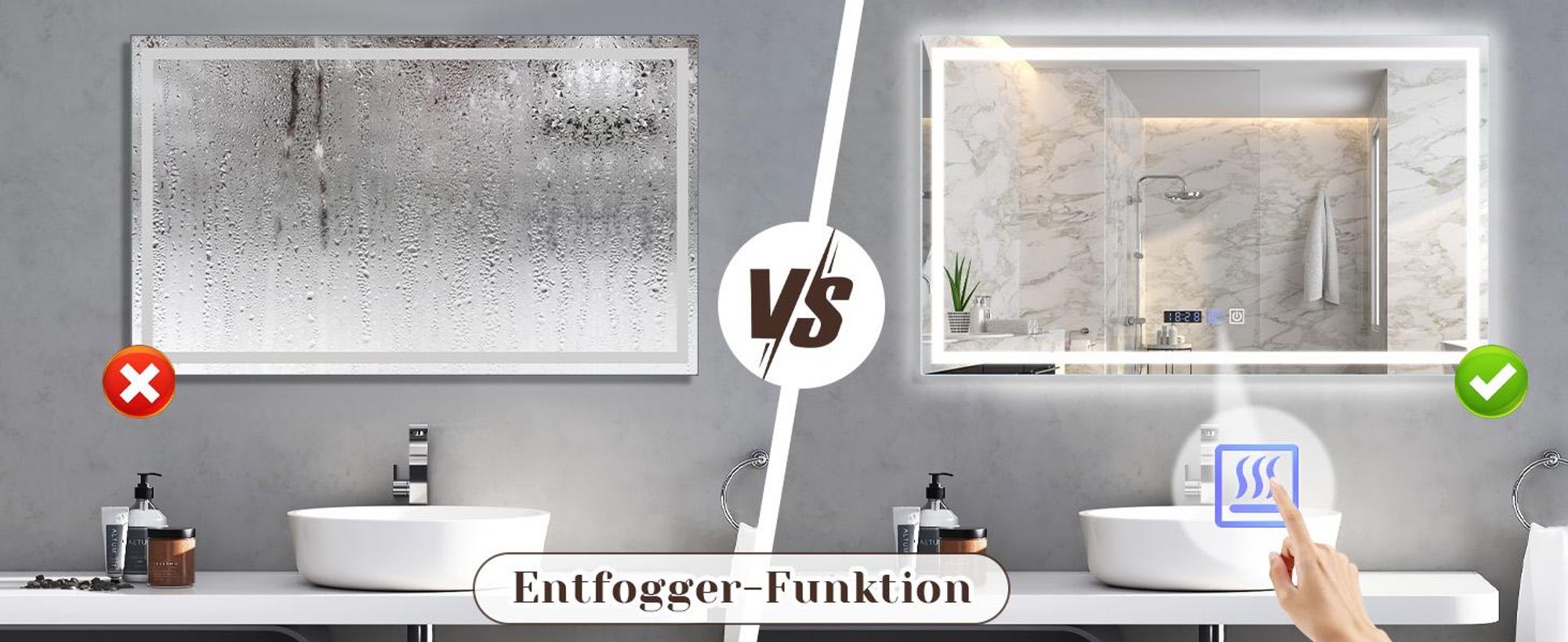 ZMH Badspiegel mit Beleuchtung 100x60cm Wandspiegel  IP44 mit Touch Uhr Entfogger Funktion Lichtspiegel Dimmbar 3000K-6500K