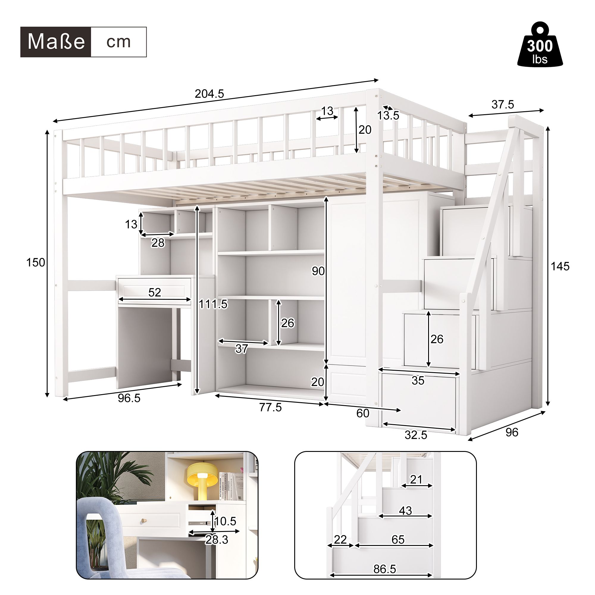 Flieks Etagenbett 90x200cm mit Rausfallschutz, Hochbett mit Treppe, Komplettes Schlafzimmerset, Kinderbett mit Kleiderschrank Schreibtisch Regal, Weiß