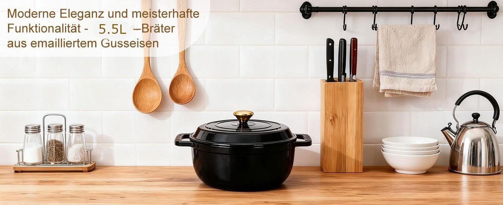 FCH Gusseisen Topf 26cm - 6QT-5.5L Emaille Bräter mit Deckel backofengeeignet - für Küche Backen Schmoren Braten (Schwarz)