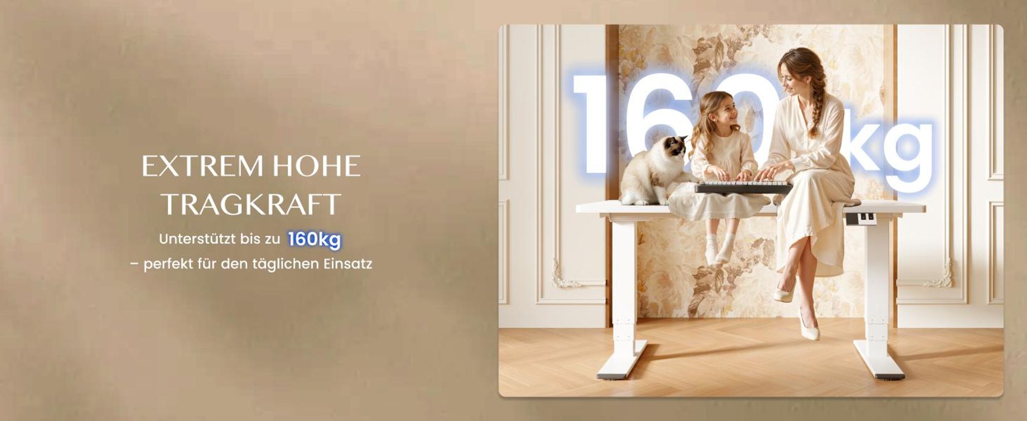 FLEXISPOT EC5 Pro Höhenverstellbarer Schreibtisch Elektrisch Tischgestell, 160KG Tragkraft, 2 starke Motoren, Piano-Tasten-Design, USB-Anschluss, Weiß