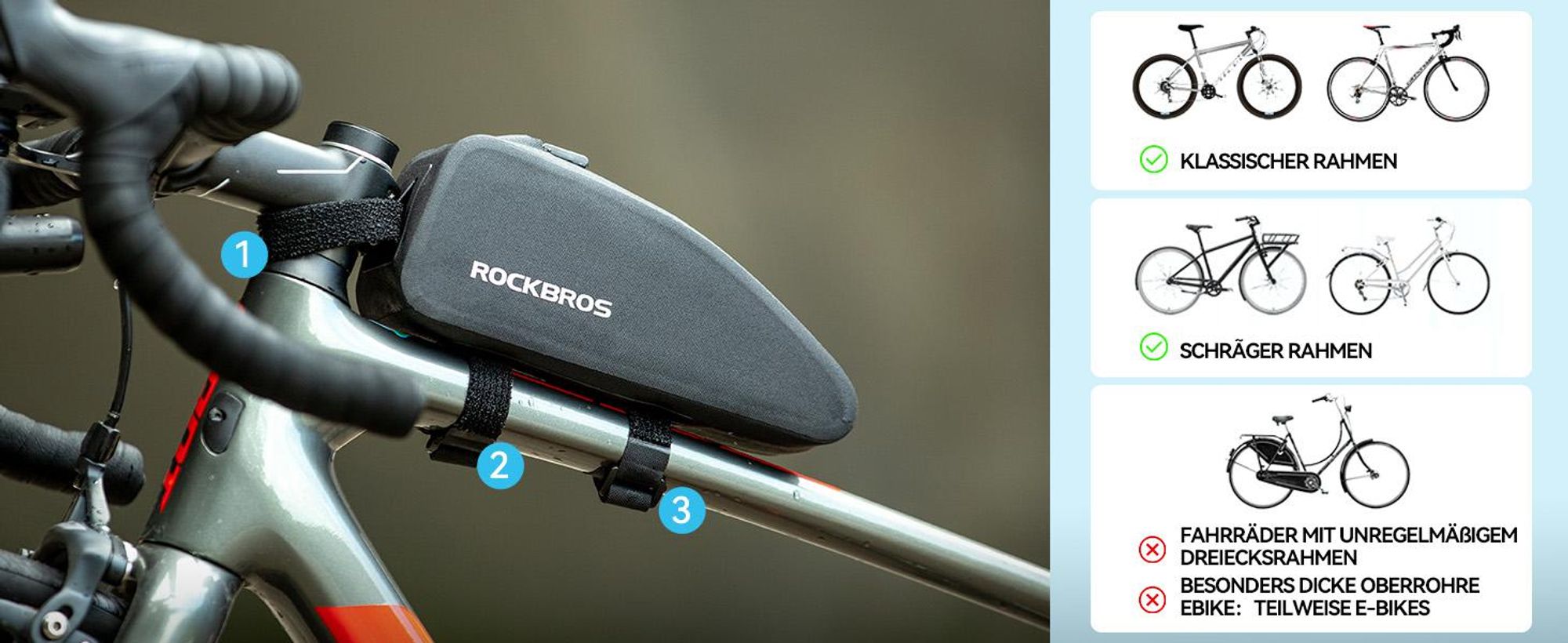 ROCKBROS Fahrrad Rahmentasche Wasserdichte Oberrohrtasche für MTB Rennrad 1.6L