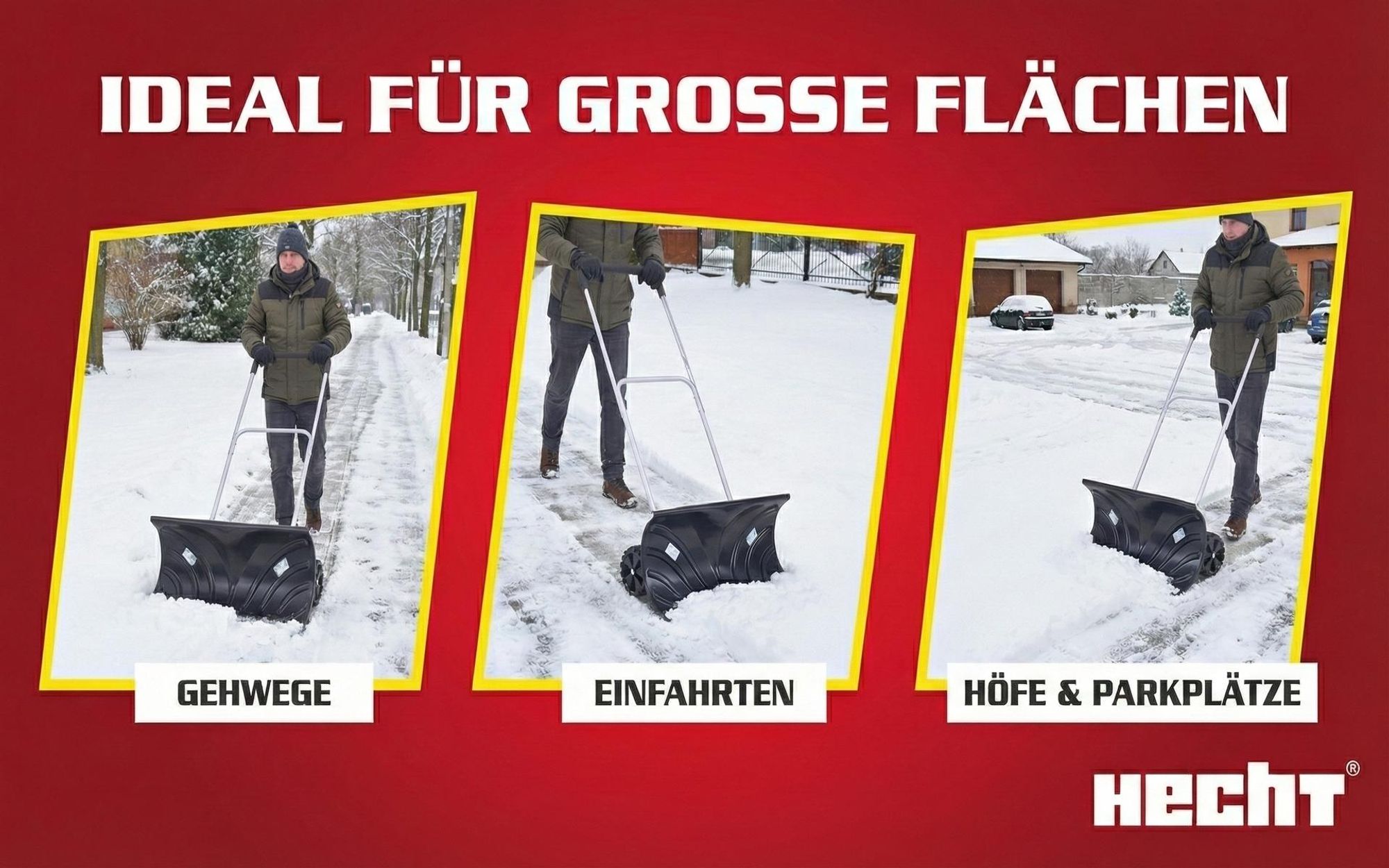 HECHT 661 GT Schneeschieber Schneeschaufel mit Räder | 66 cm Räumbreite | Alu-Profil-Kante | 140 cm Höhe