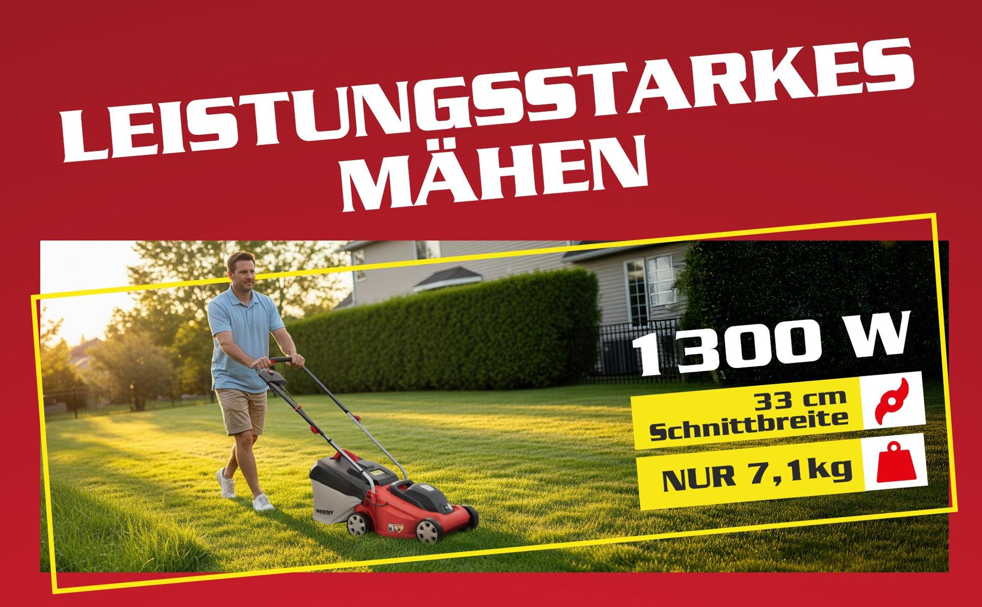 HECHT 1233 Rasenmäher Elektro | 33 cm Schnittbreite | 1300 W | 30 Liter Fangkorb | 20 - 60 mm Schnitthöhe