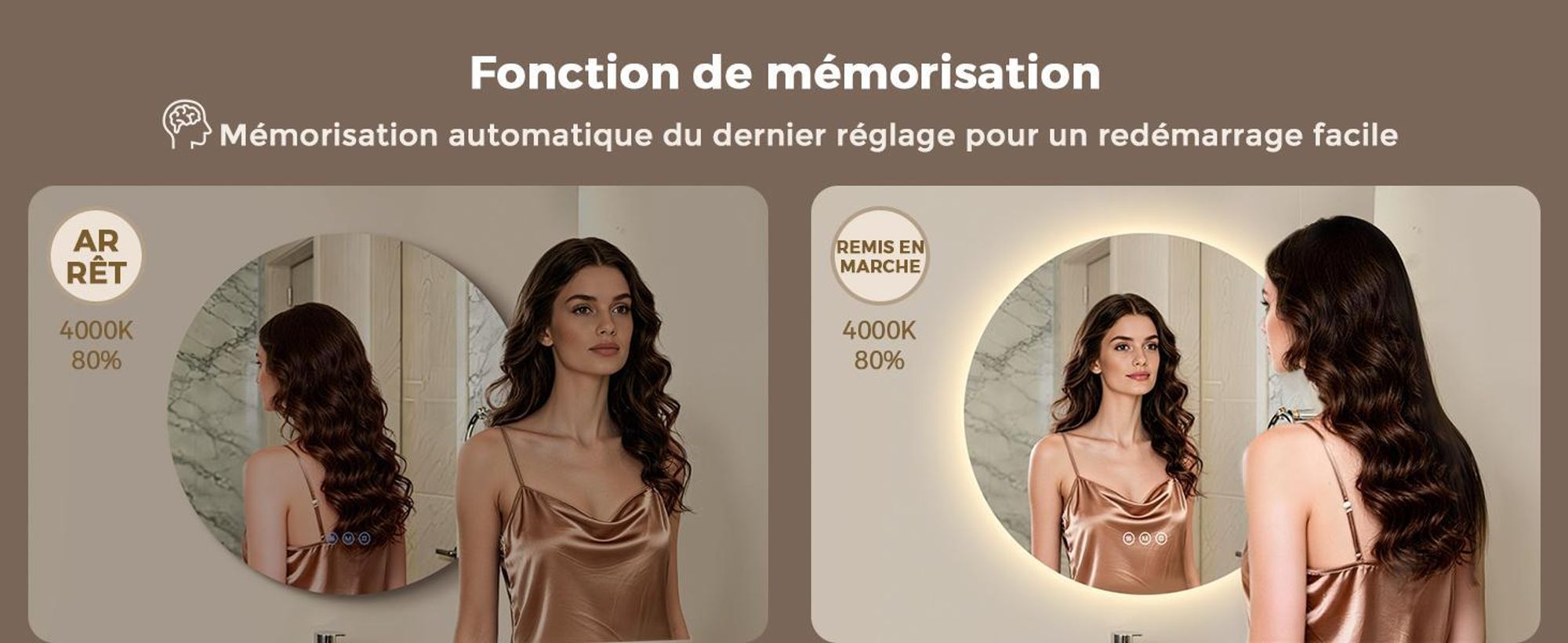 Miroir de salle de bain avec éclairage, rond, 80 cm, miroir LED S'AFIELINA, intensité réglable, 3 couleurs de lumière, anti-buée,tactile, fonction de mémorisation, IP65, étanche pour la salle de bain