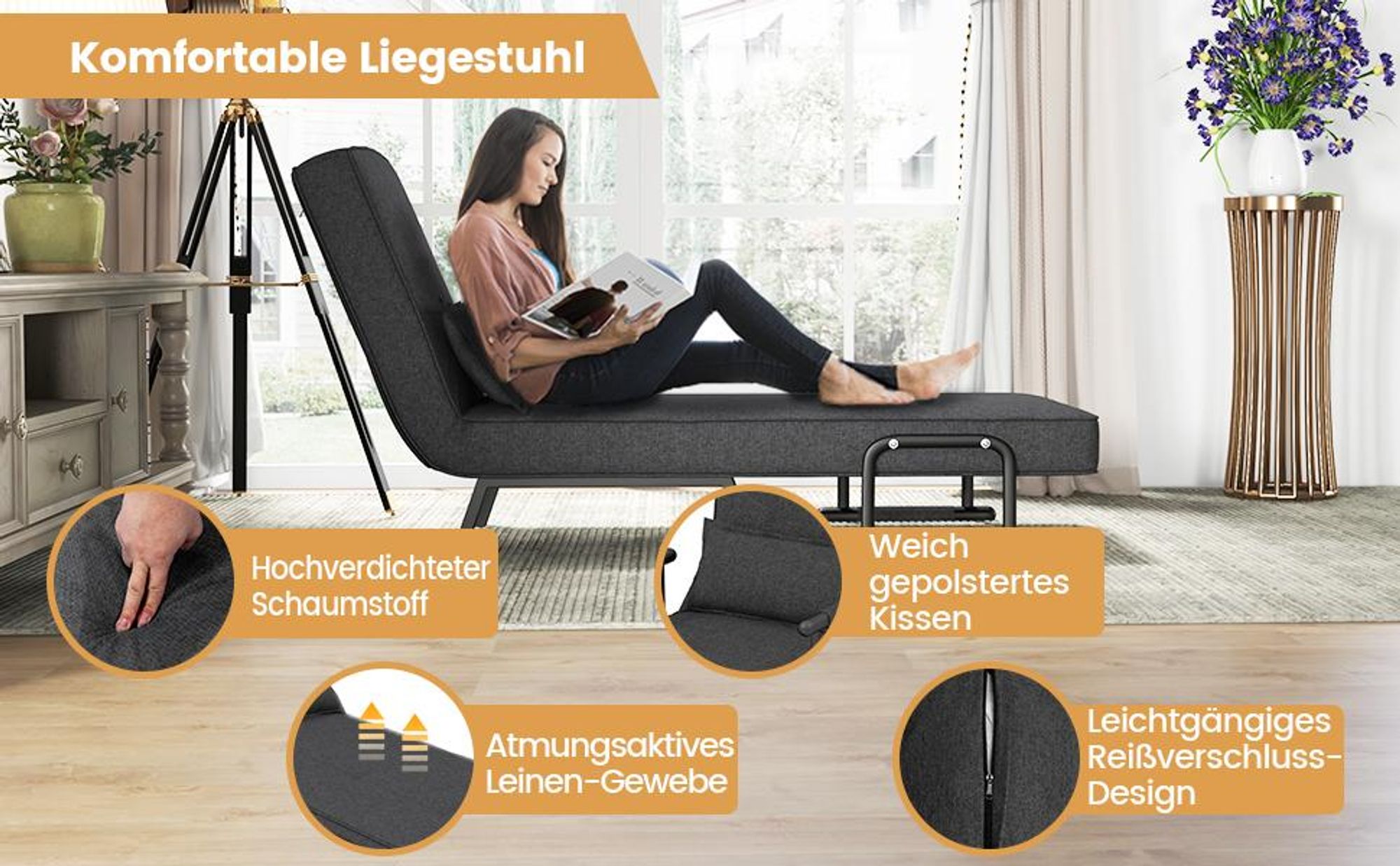COSTWAY Schlafsessel mit Bettfunktion, Schlafsofa mit 5 stufig Rückenlehne & Kissen, bis 180 kg belastbar, klappbares Sofabett für Zuhause, Büro, Blau