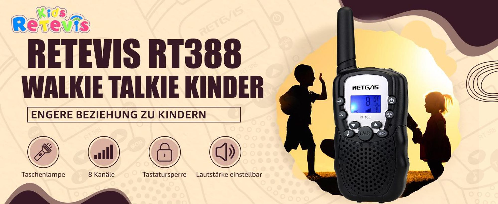 Retevis RT388 Walkie Talkie Kinder, Spielzeug ab 4-12 Jahre, Funkgerät mit Taschenlampe VOX DCS/CTCSS, Geschenke Kinder für Camping Spielen