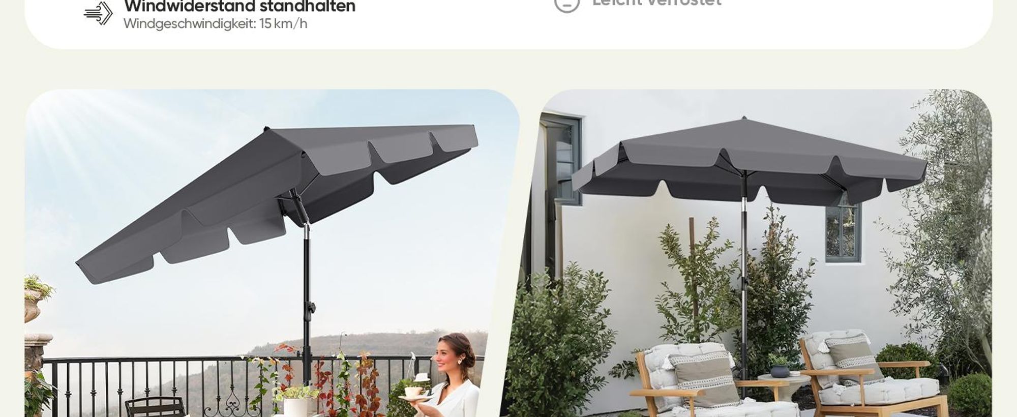 Sekey Sonnenschirm 200 x 125 cm Rechteckig Balkonschirm mit Balkonklammer und Schutzhülle, Neigbar, UV50+ Schutz, Grau