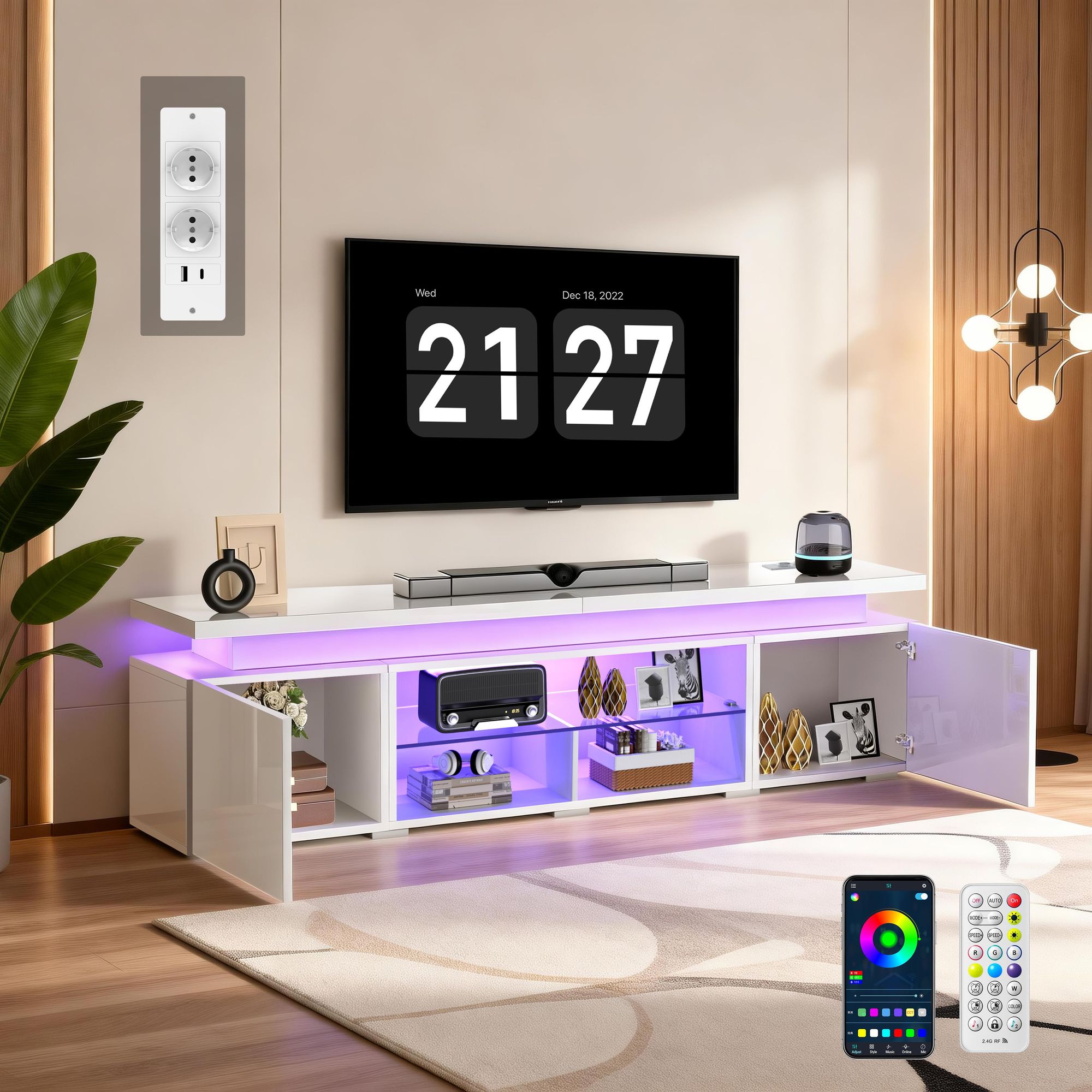 OYAJIA Lowboard TV-Schrank, Fernsehschrank mit RGB-LED und Steckdosen für Fernseher bis 75 Zoll,  Mit 2 Türen, Regalen und viel Stauraum, 185x35x49cm