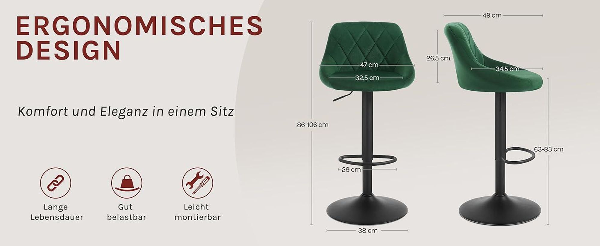 WOLTU Barhocker 2er Set, Barstuhl, Gute gepolsterte Sitzfläche aus Samt, Höhenverstellbar, 360° Drehbar, Dunkelgrün