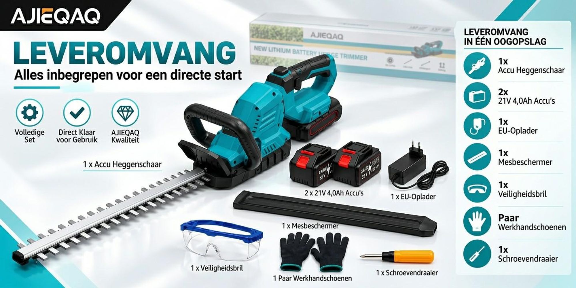 AJIEQAQ Accu-heggenschaar 21V met Brushless Motor, 1500W, 52 cm Mes, 2×4,0Ah Accu's, 360° Draaibare Handgreep, tot 26 mm Snijcapaciteit