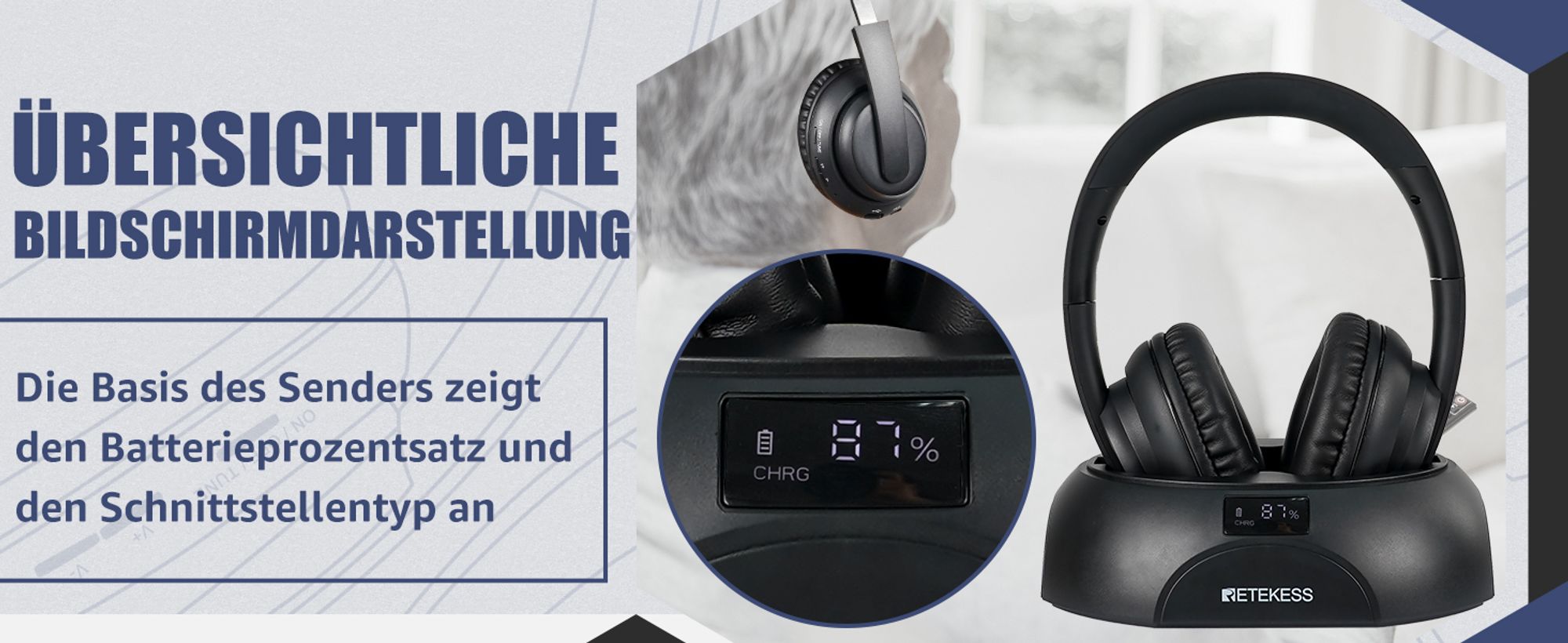Retekess TA006 Kabellose Kopfhörer für Fernseher, funkkopfhörer mit Bildschirm, 30 m, RCA Eingang, Koaxialkabel, Audioleitung, für Sportspiele ansehen