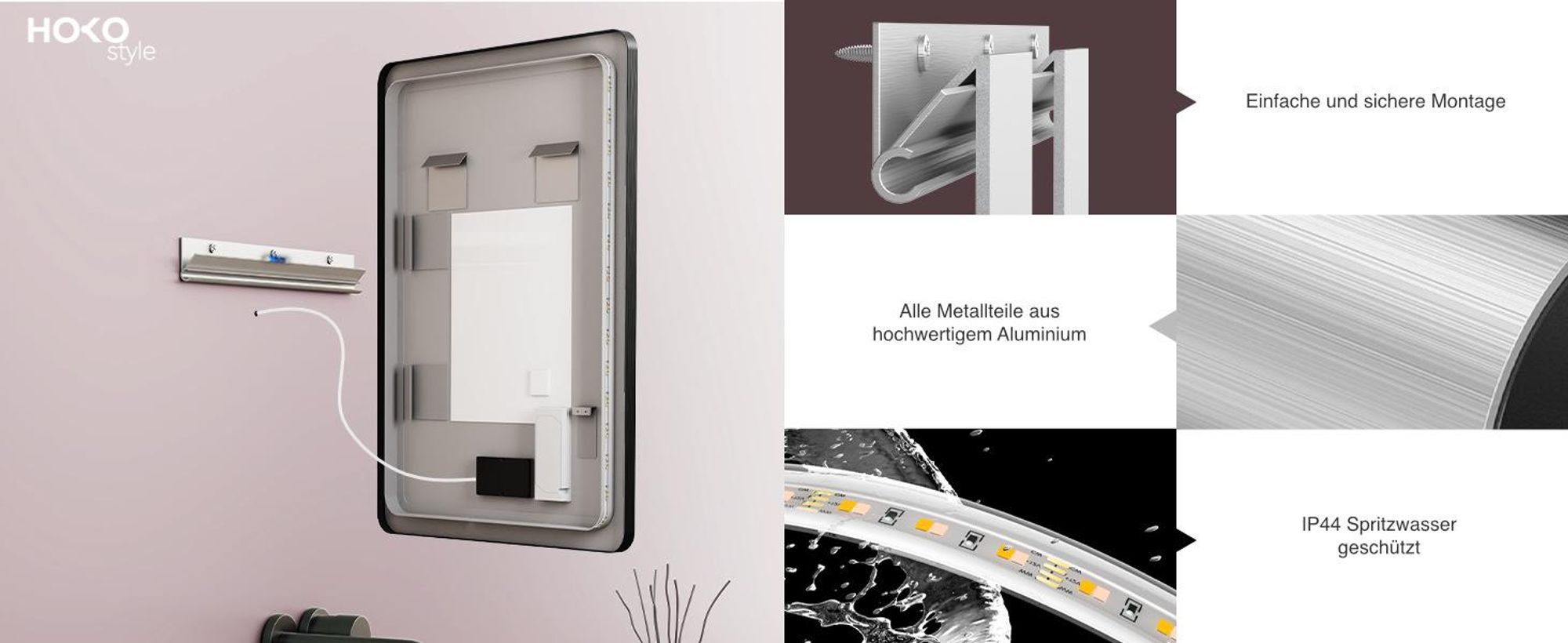 HOKO Badspiegel Antibeschlag LED 50x70cm mit Rahmen HOCH+QUER Montage Touch Schalter+Licht Wechsel Warmweiß-Kaltweiß-Neutral Wandschalter einschaltbar