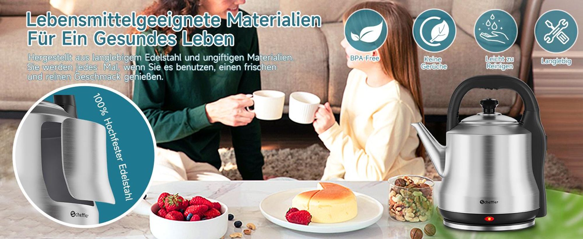 SCHEFFLER Wasserkocher Edelstahl 6Liter Teekocher Elektrischer Trockengehschutz Schnellkochfunktion Perfect-pour-Ausgustülle Fester Filter BPA-frei