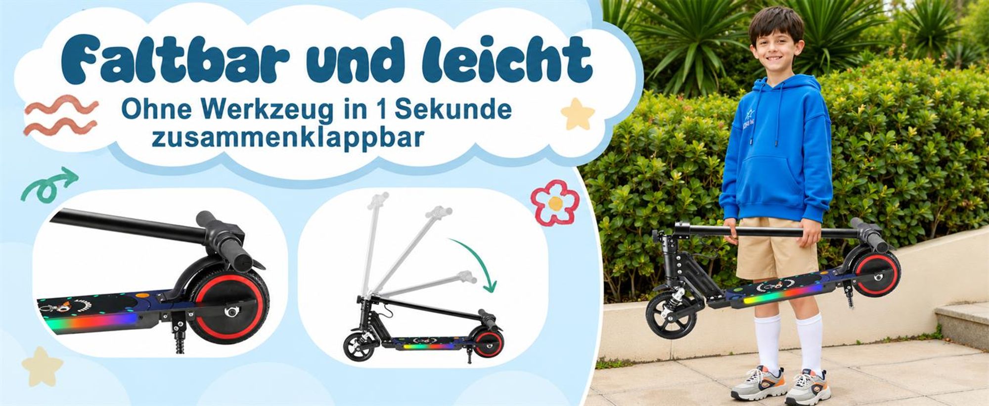 Elektroscooter Mit Stoßdämpfende Funktion, LED-Anzeige, 14km/h, 130W E Scooter, Faltbarer Elektroroller Geschenk Für Kinder Ab 6-12 Jahren- Schwarz