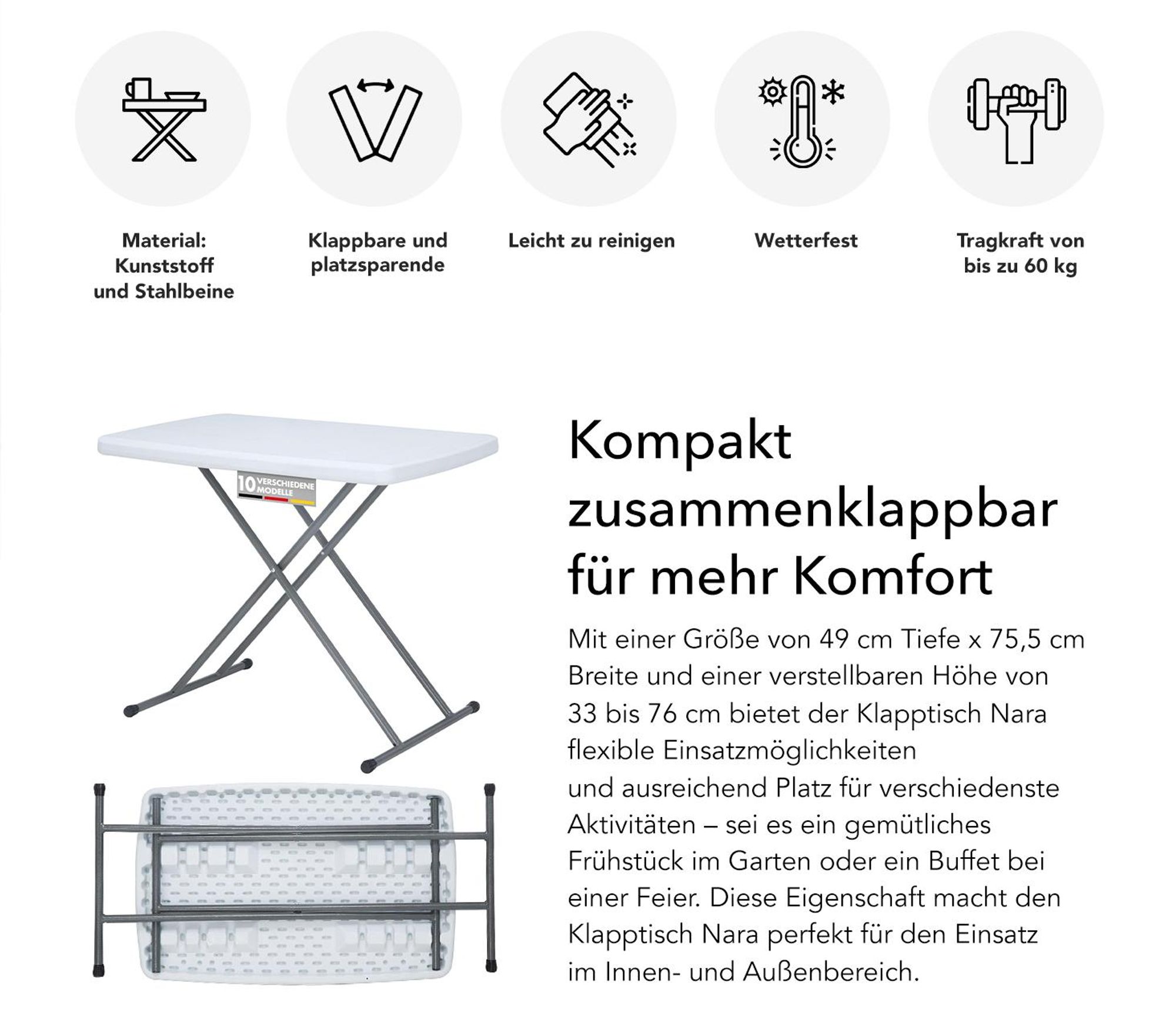 Klapptisch Nara Vielseitig, Stabil und Platzsparend für Jeden Anlass 75,5 x 49 cm