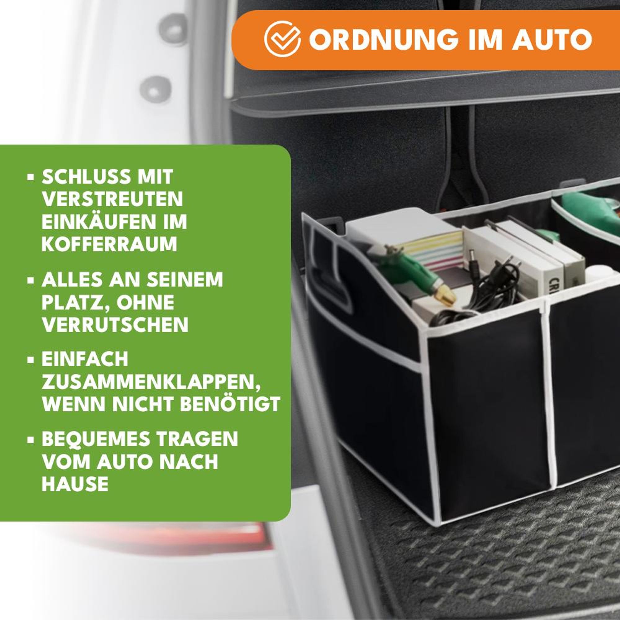 KRUMAD Kofferraum Organizer faltbar, stabiler Auto Organizer für Kofferraum, Einkauf & Camping, leichte Aufbewahrungsbox mit Griffen, schwarz