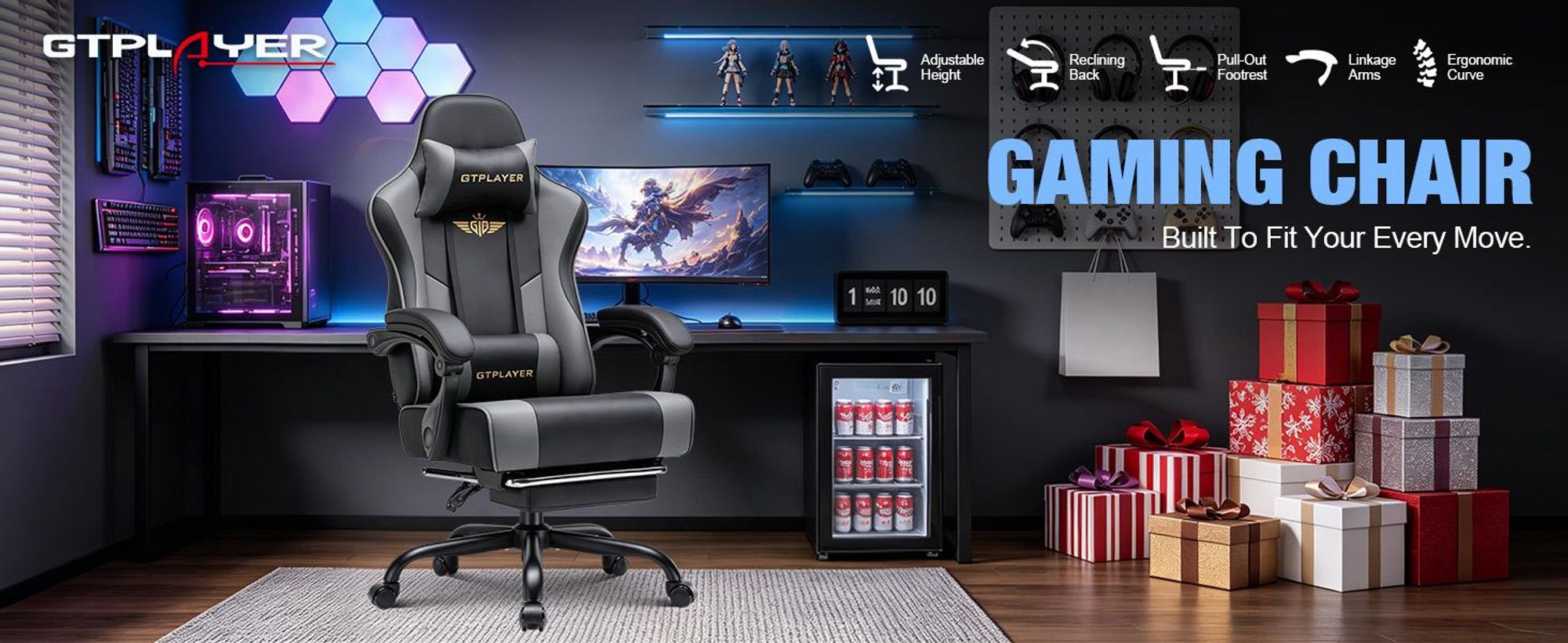 Sedia da gaming GTPLAYER - Sedia da gaming ergonomica con poggiapiedi, poggiatesta e supporto lombare, regolabile in altezza, colore grigio
