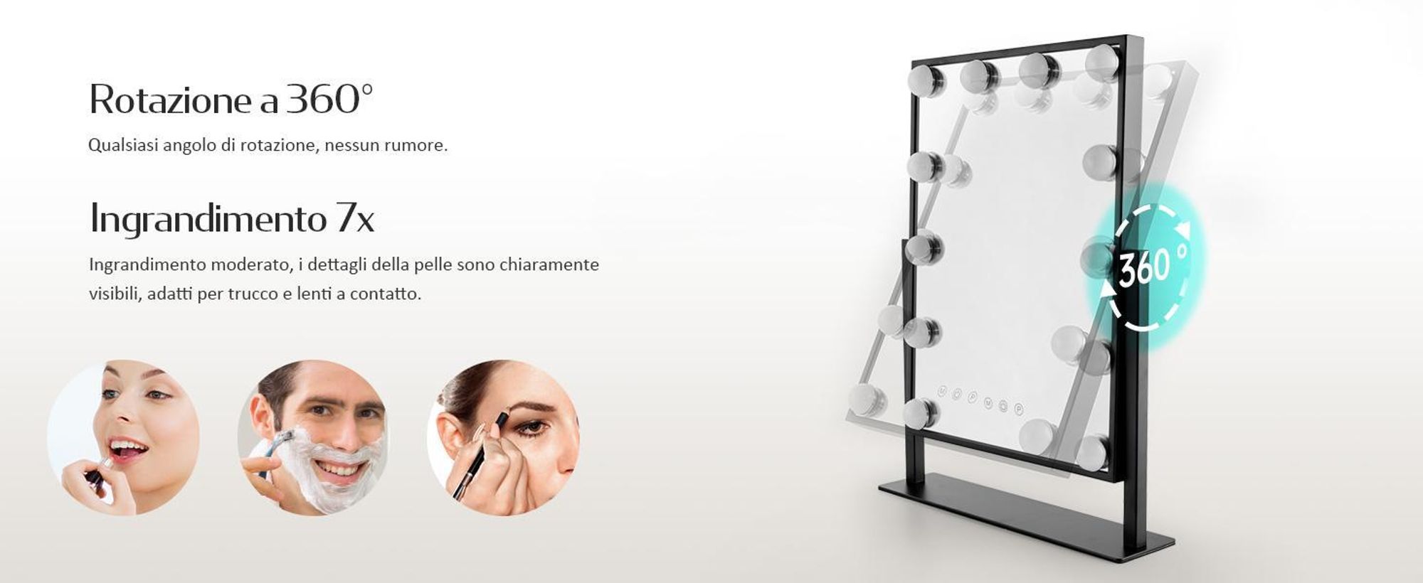 EMKE Hollywood specchio per il trucco 85x364x475mm con specchio d'ingrandimento 7x, nero Specchio per il trucco con touchscreen intelligente e 3 colori di luce, 12 luci LED dimmer, ruotabile a 360° e funzione memoria