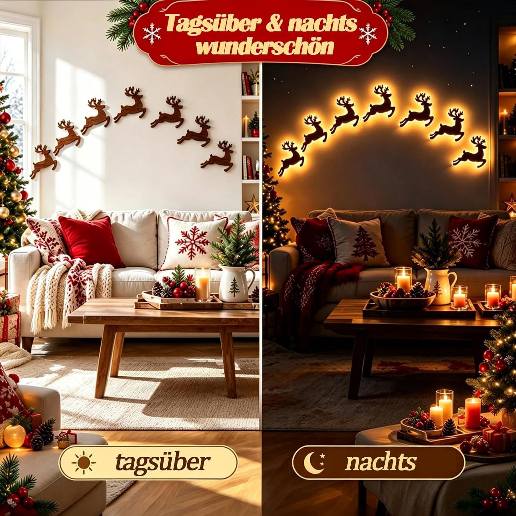 Weihnachtsdeko,3D Selbstklebende Weihnachtliche Wanddeko(Style B)Weihnachtsbeleuchtung aus Holz,Heimdekoration Rentier Wanddekoration für Wohnzimmer