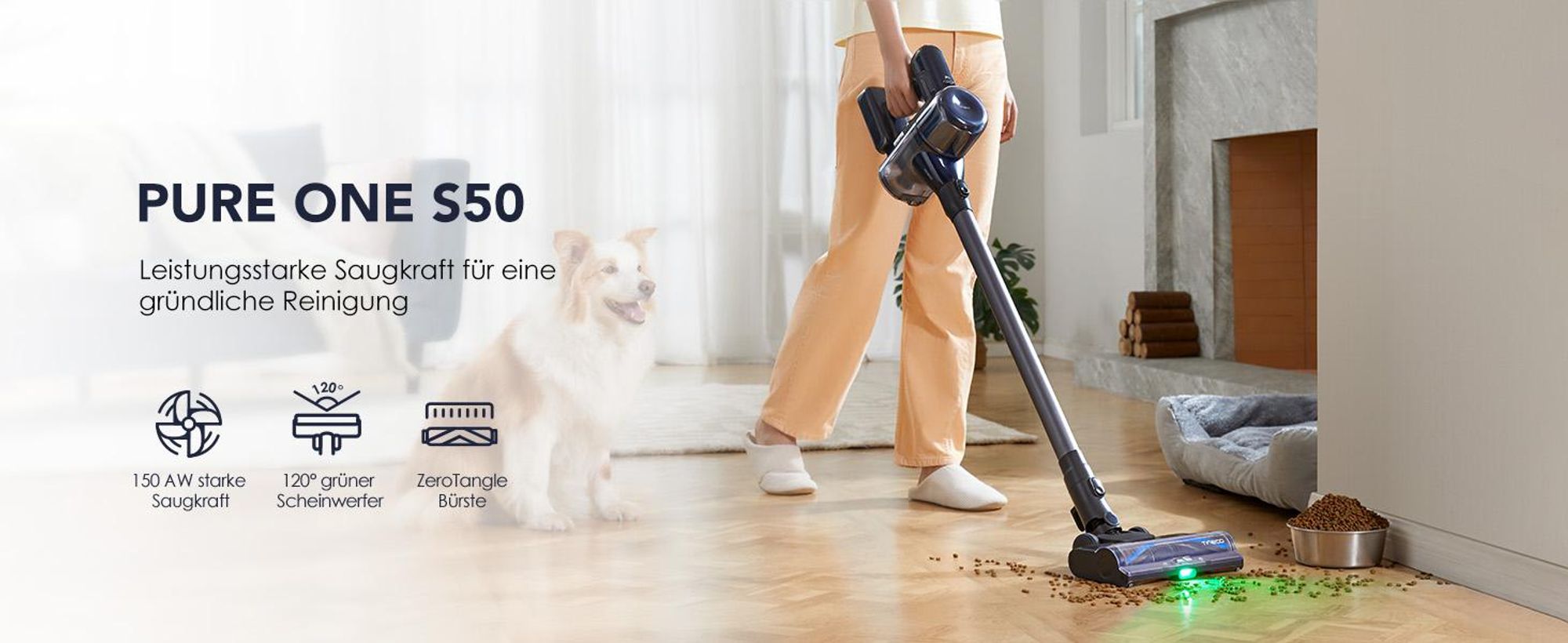 Tineco PURE ONE S50 Kabelloser Akku Staubsauger, 150AW Saugleistung, bis zu 95 Min. ZeroTangle-Bürste, LED, Entfernt Mühelos Großschmutz & Tierhaare