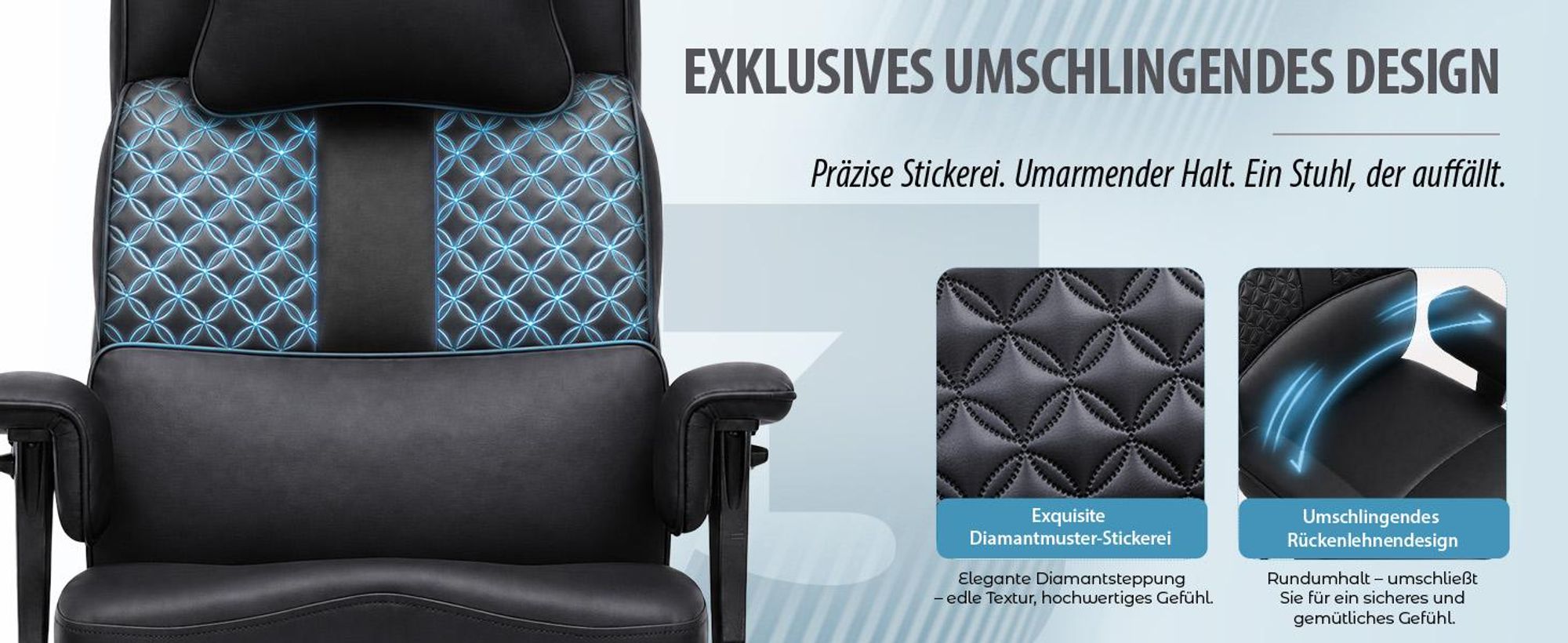 Chaise de gaming GTPLAYER, chaise de bureau ergonomique avec repose-tête réglable, support lombaire large, assise de 54 cm de largeur, inclinable de 90° à 150°, capacité de charge de 180 kg