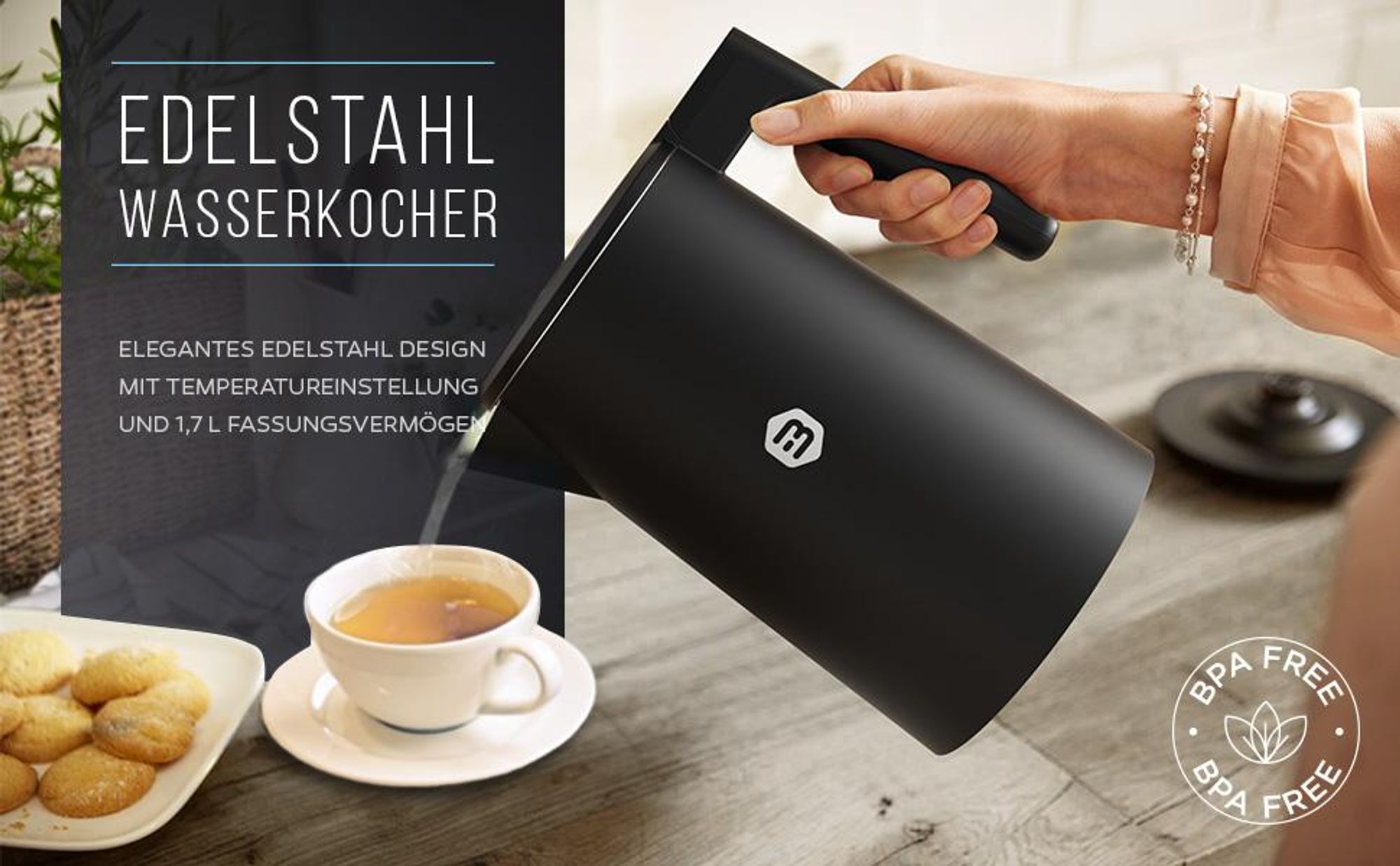 Balter Wasserkocher Edelstahl mit Temperatureinstellung 1,7L, 2200W, BPA-frei, LED-Anzeige, Temperaturwahl 40°C-100°C, Abschaltautomatik, Schwarz