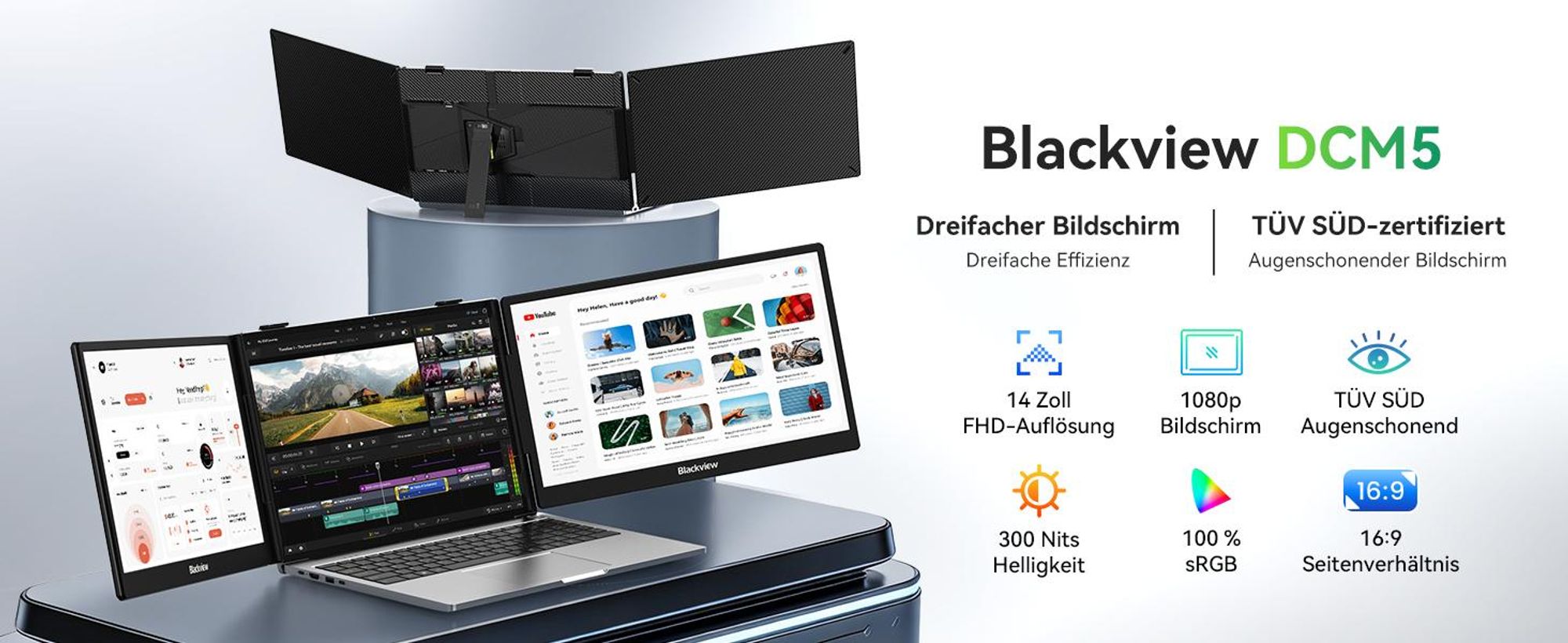 Blackview DCM5 mit Lautsprecher 14" tragbarer monitor, 300 Nits, 100W PD, USB-C HDMI Plug und Play für Laptop/PC/Switch/PS5/MacOS/Windows/Android