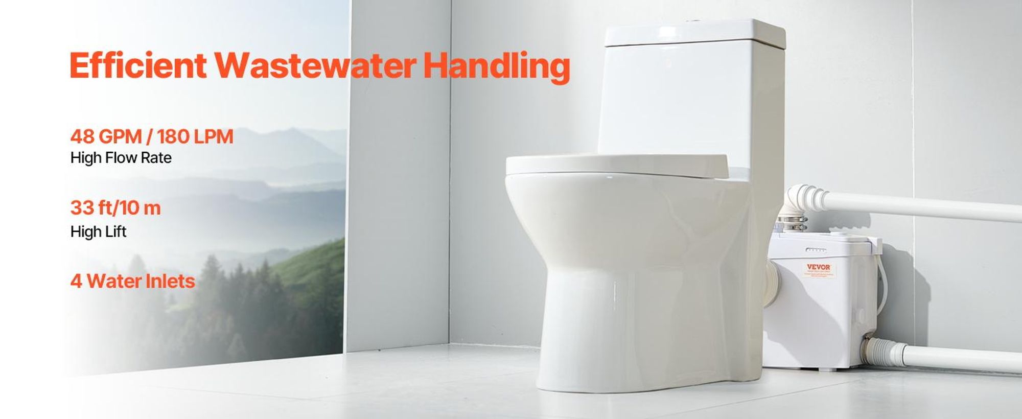VEVOR Zerkleinerungspumpe, 700W, 9600 L/h Durchfluss, 10 m Förderhöhe, Zerkleinerung Abwasser Hebepumpe mit 3 Wasseranschlüssen für Toilette, Keller, Küche, Spüle, Dusche, Badewannen Abwasserentsorgung Hebemaschine, Bodenstehende Toilette-a, 1200 W