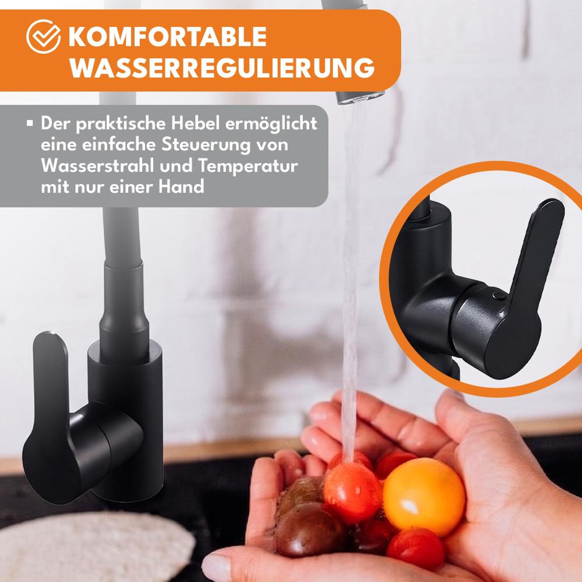 KRUMAD Küchenarmatur, Wasserhahn Küche Schwarz, Wasserhahn Spüle, Küchenwasserhahn mit Schlauch, moderne Armatur für Küchenspülen