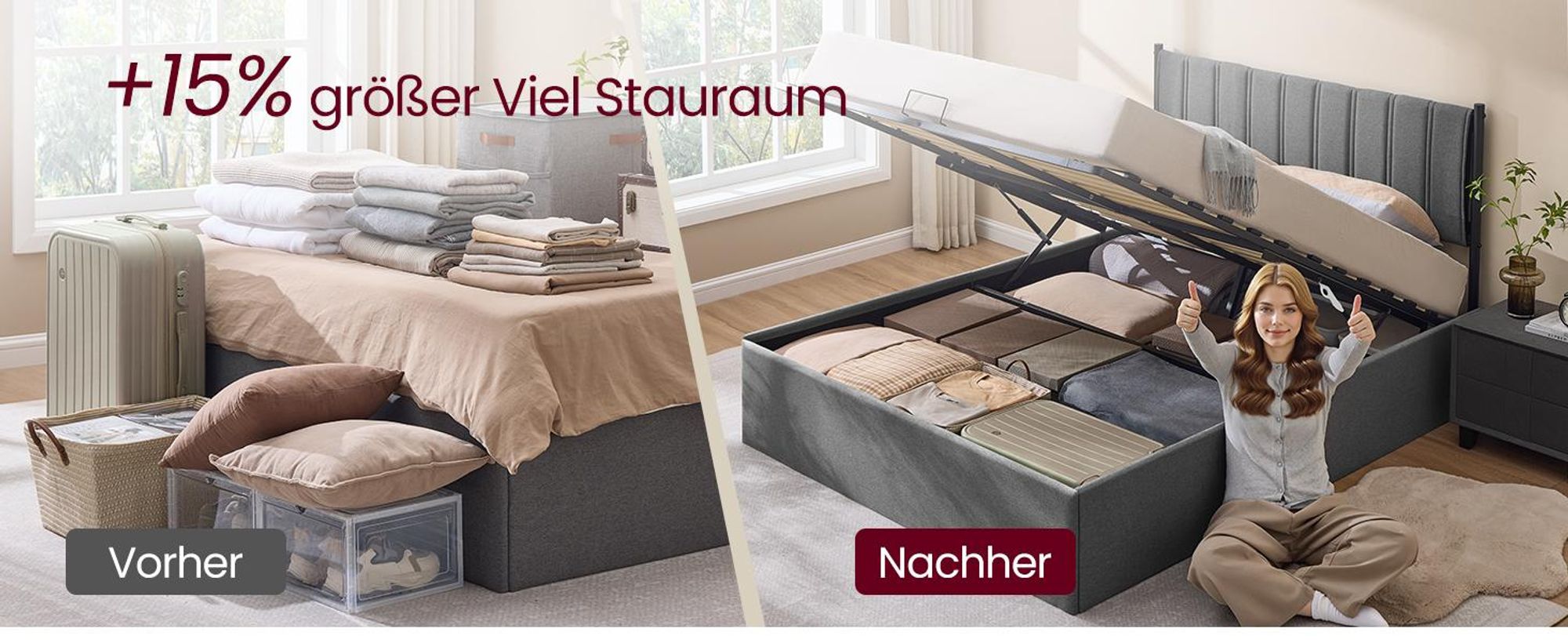 VASAGLE Polsterbett mit Stauraum und 7-Zonen Taschenfederkernmatratze Set, Hochklappbar, 160 x 200 cm, Grau und Blau