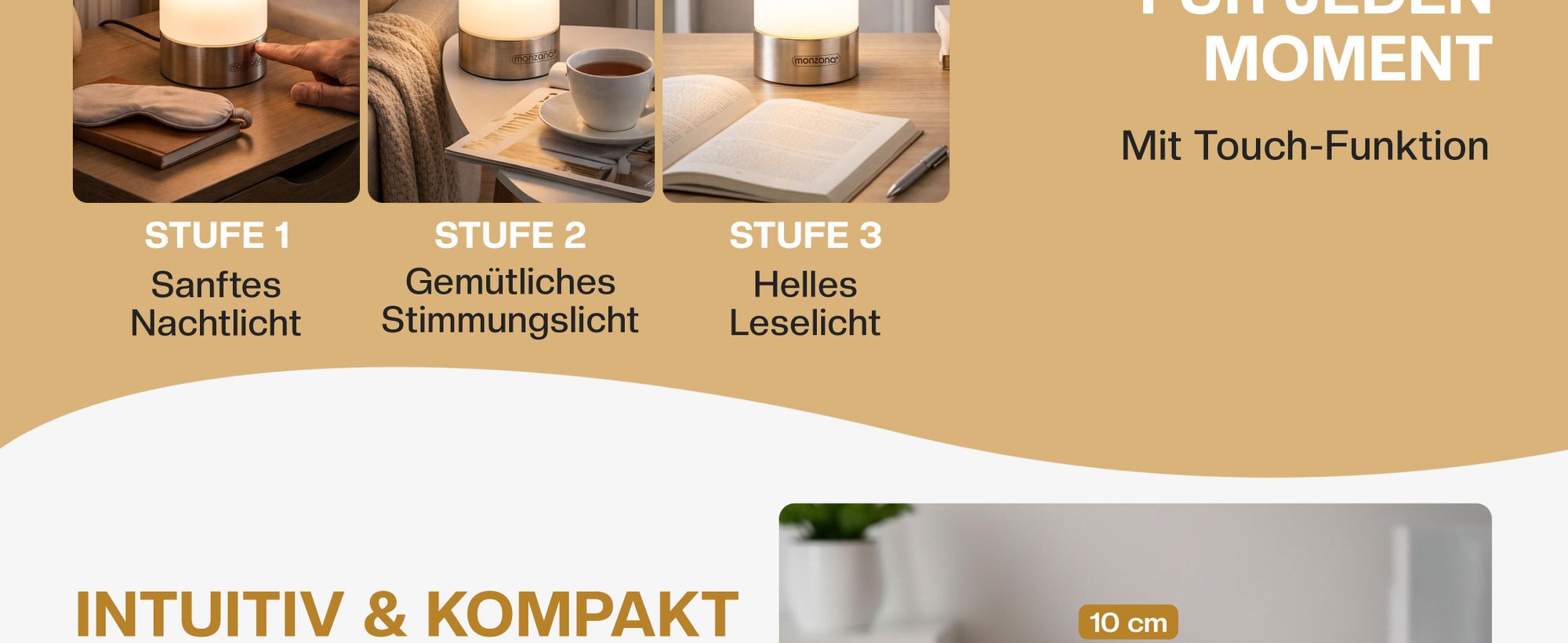 MONZANA® Nachttischlampe 2er Set Touch Dimmbar mit LED Leuchtmittel Glasschirm Tischlampe Tischleuchte Wohnzimmer Schlafzimmer Nachtlicht Leselampe
