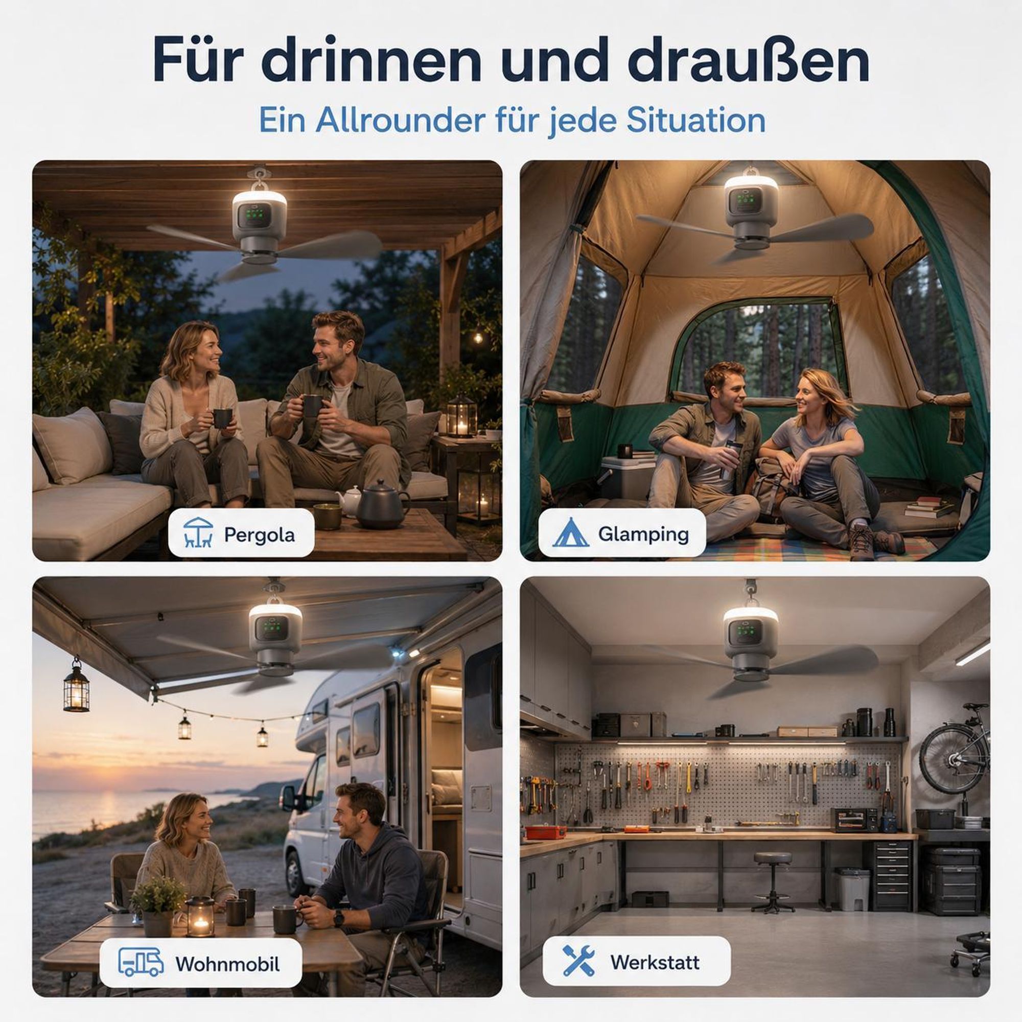 XL Ø45cm Camping Ventilator mit Licht, Akku 12000mAh, USB-C aufladbar, Deckenventilator mit Fernbedienung & Timer, Starke Brise für Zelt Pavillon RV