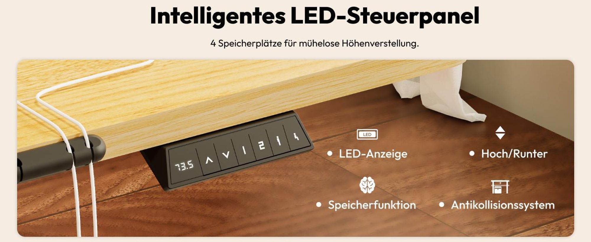 SANODESK Höhenverstellbarer Schreibtisch 180x80cm elektrisch 4 Memory-Funktion, Antikollisionsschutz, 70kg Tragkraft, mit Haken und Ablagebox (Ahorn)