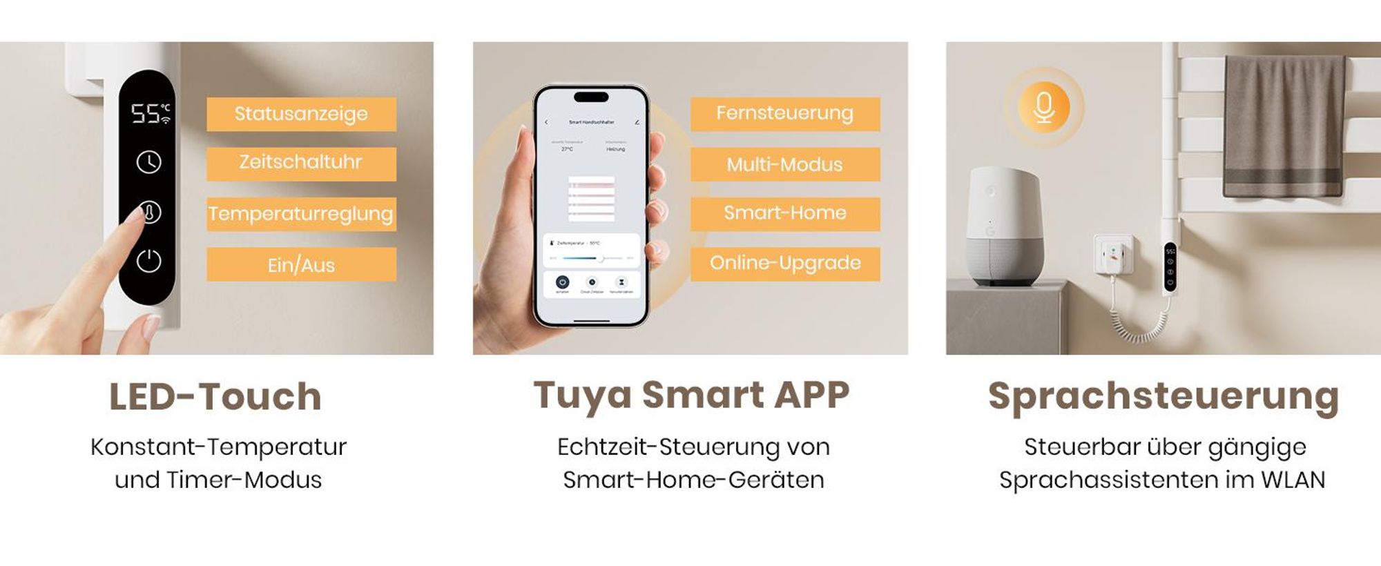 EMKE Elektrischer Badheizkörper mit drehbarem Handtuchhalter und Ablage Thermostat WiFi-App Sprachsteuerung Timer 76x45x14cm weiß