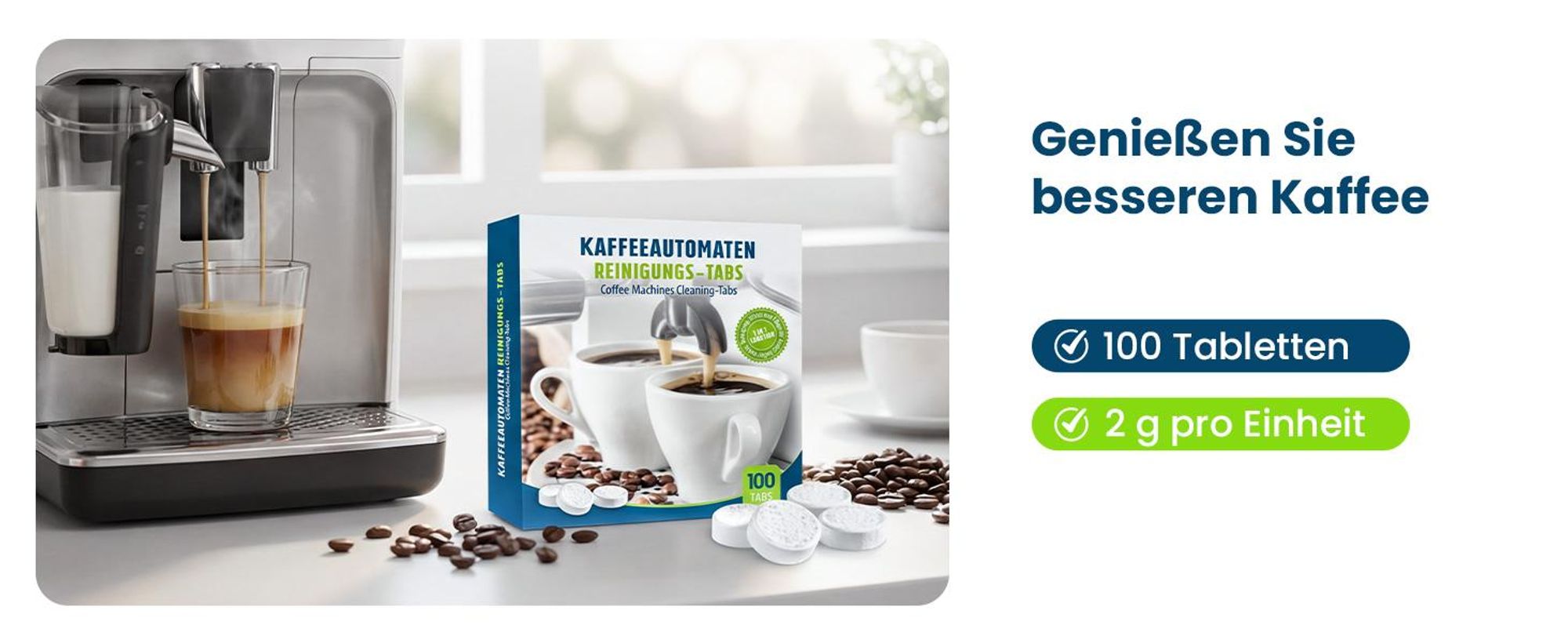 Reinigungstabletten für Kaffeemaschinen, 100 Stk, entfernt Kaffeefett & Öle, für Siebträger & Vollautomaten, schonend reinigend, umweltfreundlich