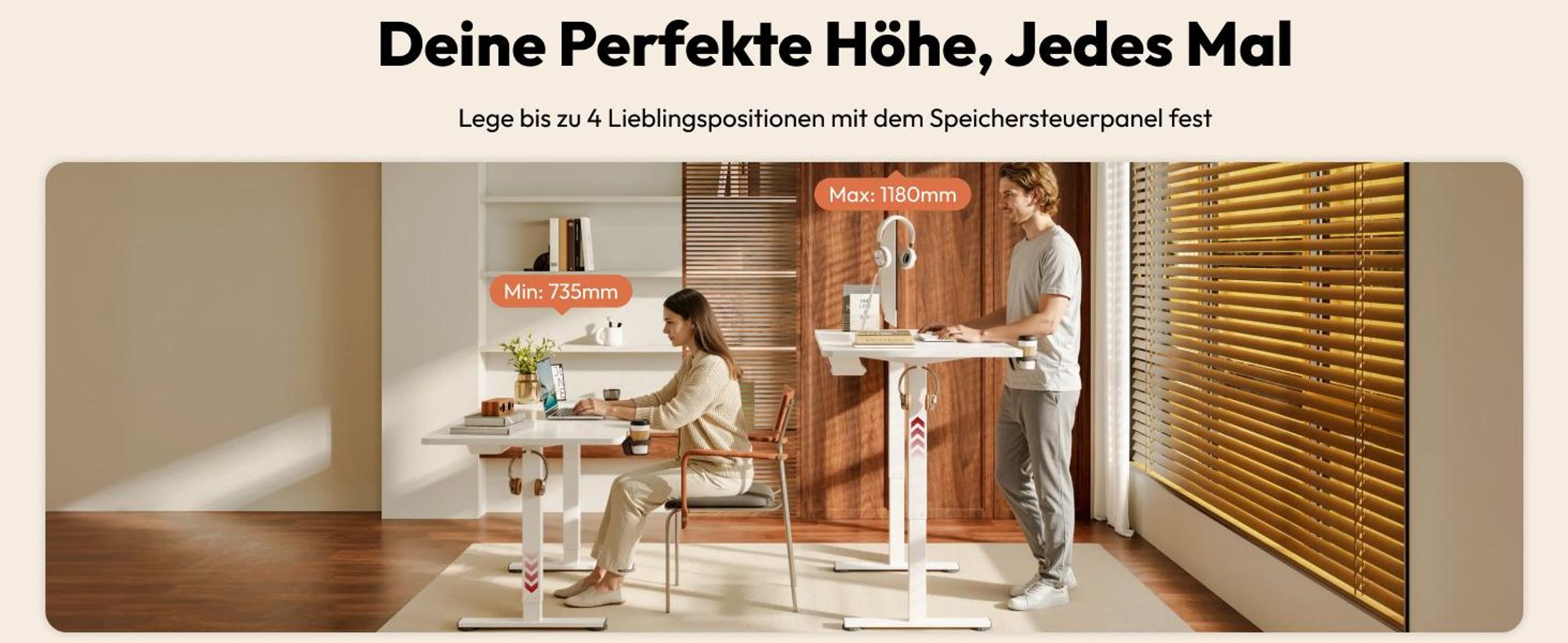 SANODESK QS1 Höhenverstellbarer Schreibtisch, EINTEILIGE TISCHPLATTE, 4 Memory-Funktion, 70 kg Tragkraft, Haken, Kabelmanagement, 110x54cm (Weiß)