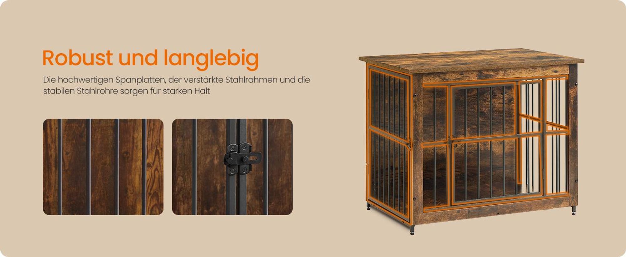 FEANDREA Hundehütte Indoor, stabiler Hundekäfig, Hundebox mit 2 Türen, 82 x 55 x 64 cm, Braun
