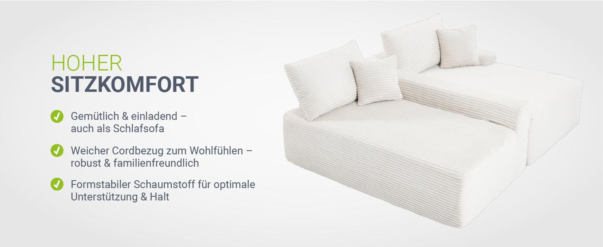Juskys Sofa Coredo - Creme, moderne Couch aus Cord mit Kissen, Ottomane rechts