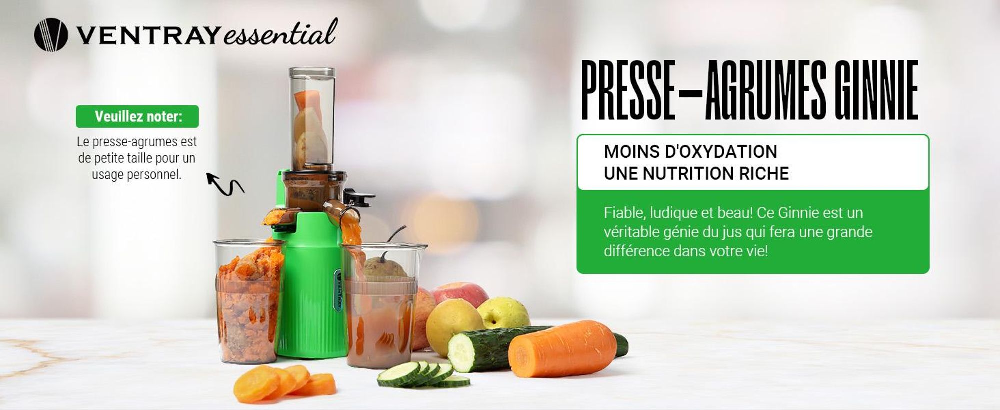 Ventray Essential Ginnie Juicer - Cold Press Slow Juicer, Compact & Silencieux (60 tr/min, ouverture de remplissage de 45 mm), sans BPA, bouchon de sécurité, 400 ml