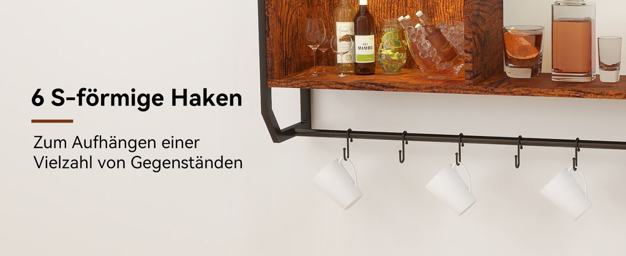 Puluomis Verstellbare Wandregal mit 6 Ablagen, 83x20x80cm, Holz Metall Hängeregal, RGB-LED-Lichter, Glas-Schweberegal, mit Hängestange Braun Schwarz