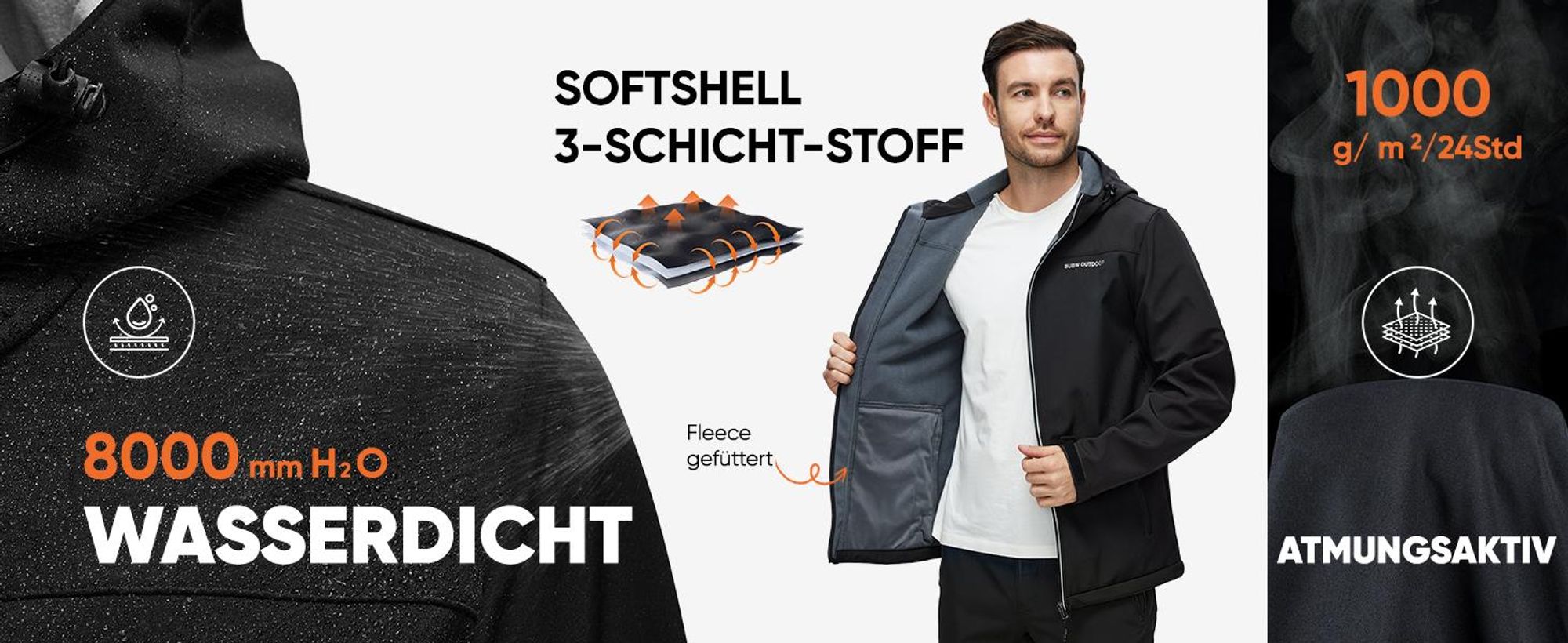 BUBW Herren Softshelljacke wasser- und winddicht mit Kapuze Gefütterte Outdoor-Jacke mit Reflexstreifen Verstellbare Manschetten, atmungsaktiv