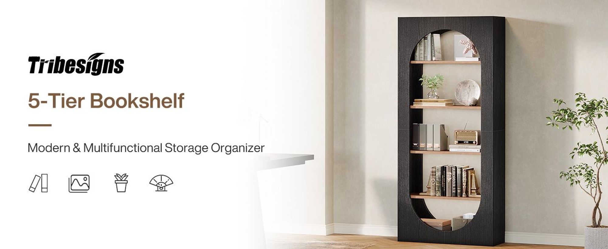 Bücherregal, 5-stöckig Standregal, 180 cm Regal, gewölbt, Offenes Regaldesign für schnellen Zugriff, perfekt für Homeoffice, Wohnzimmer oder Flur