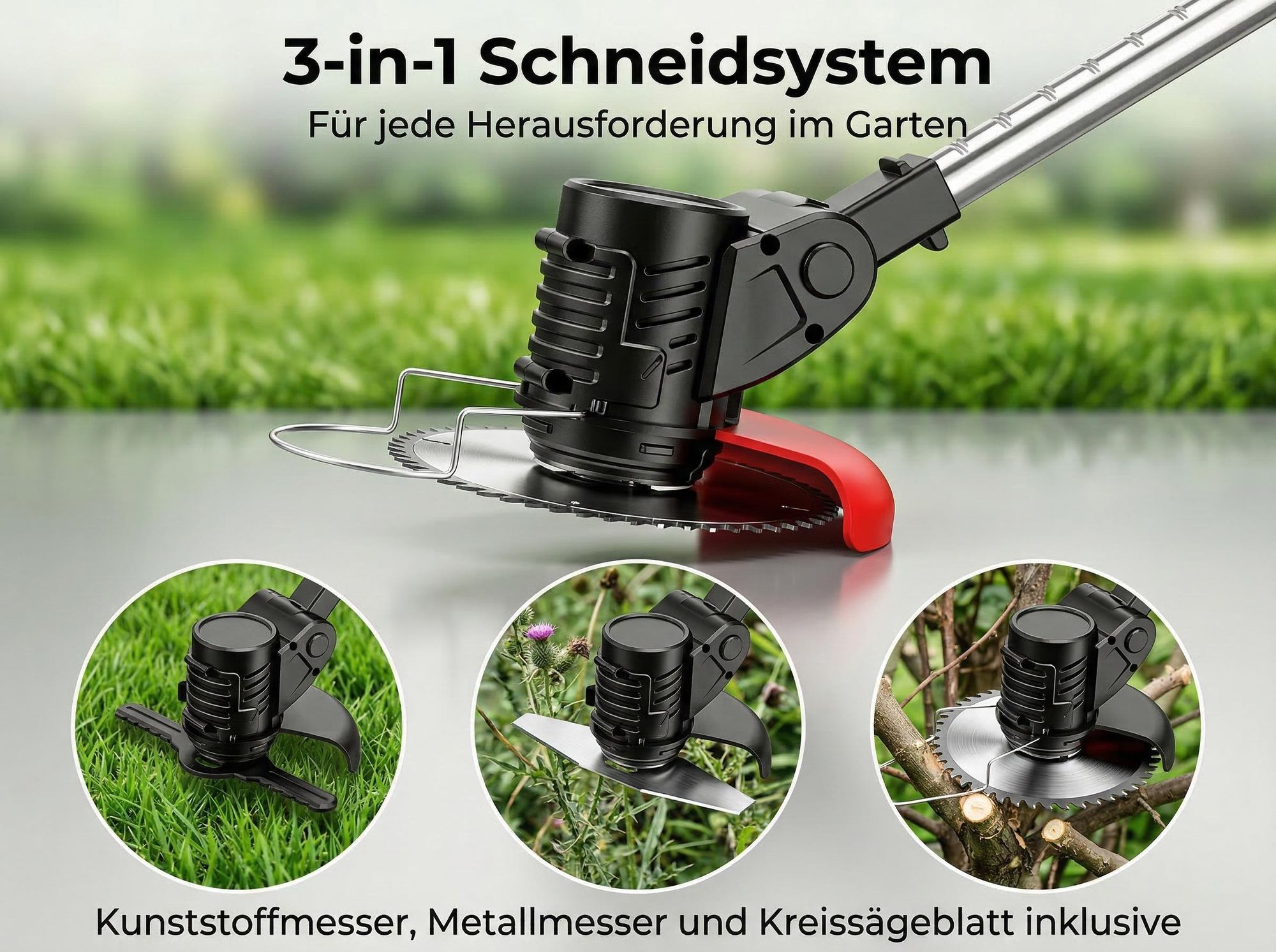 Akku-Rasentrimmer 21V mit 2 Batterie, Freischneider, Motorsense, mit Akku und Ladegerät, Teleskop-Stiel & Zusatzhandgriff